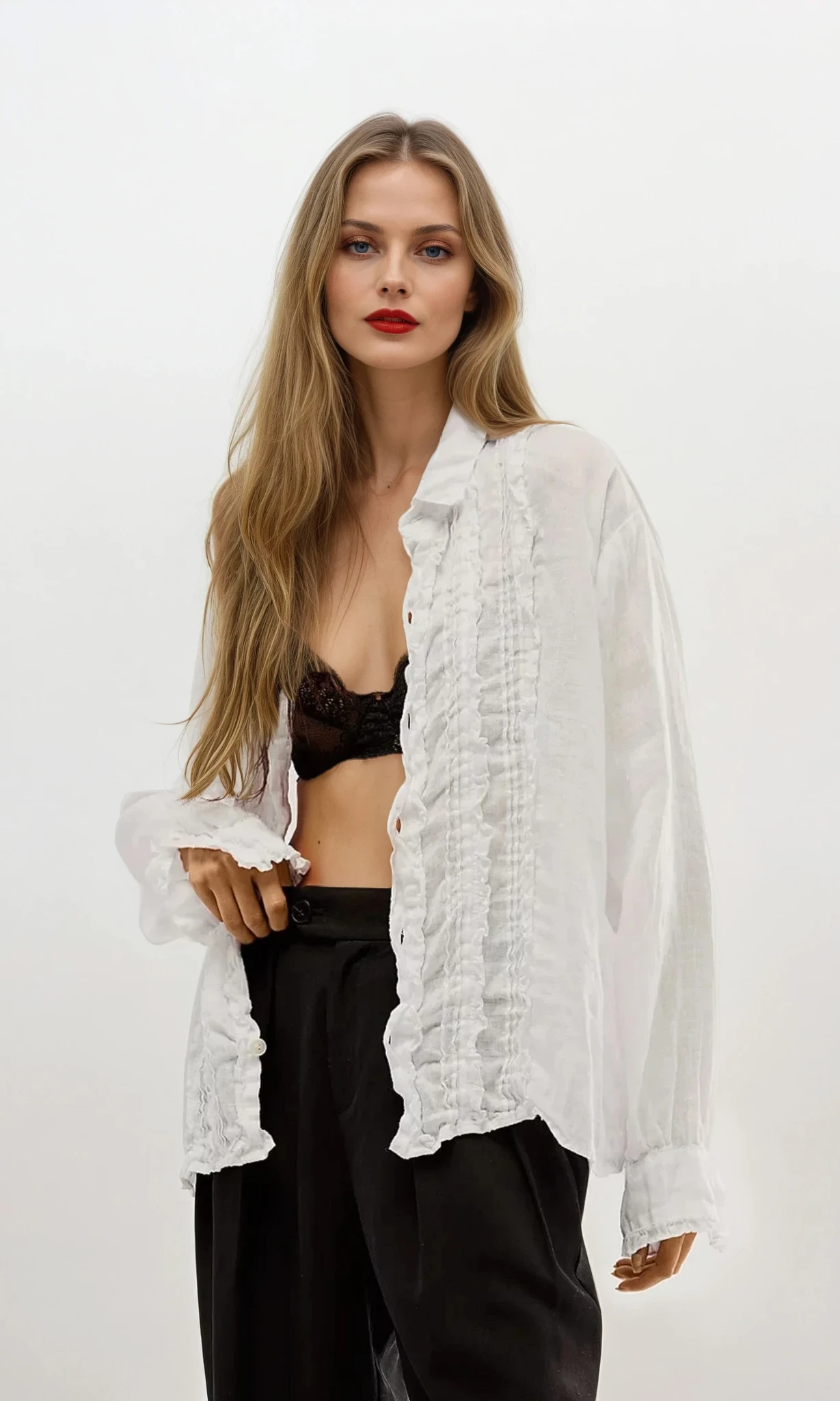 Frill Ruched Collared Neck Long Sleeve