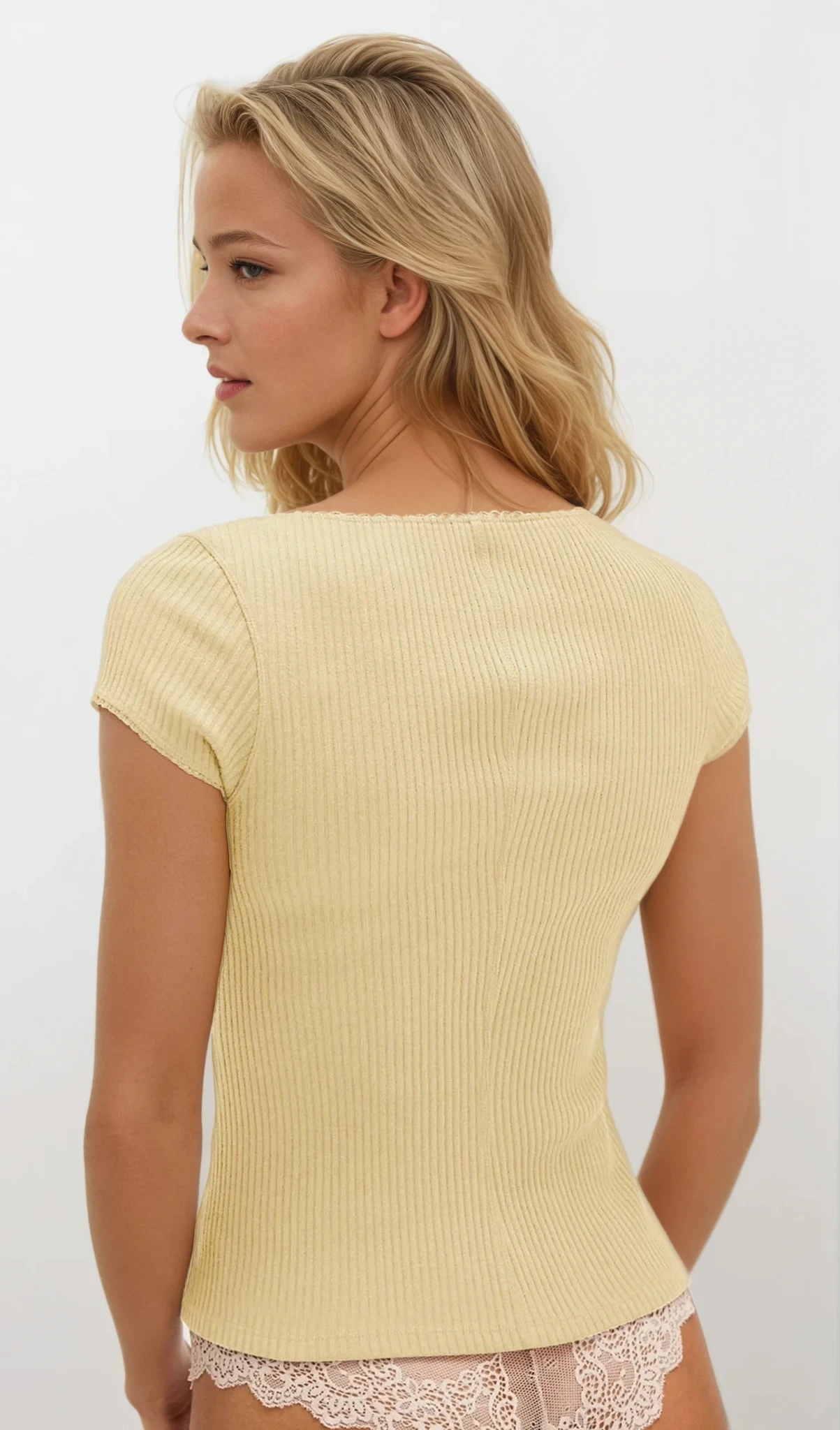 Ribbed Round Neck Button Up Short Sleeve