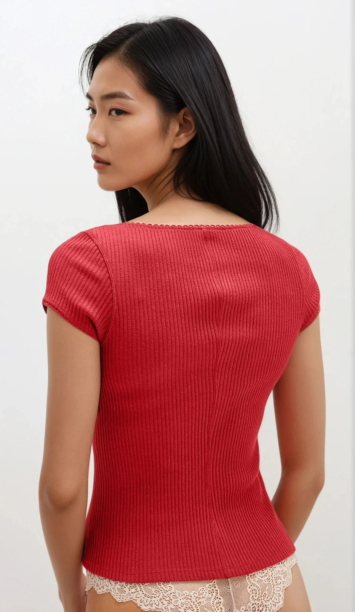 Ribbed Round Neck Button Up Short Sleeve