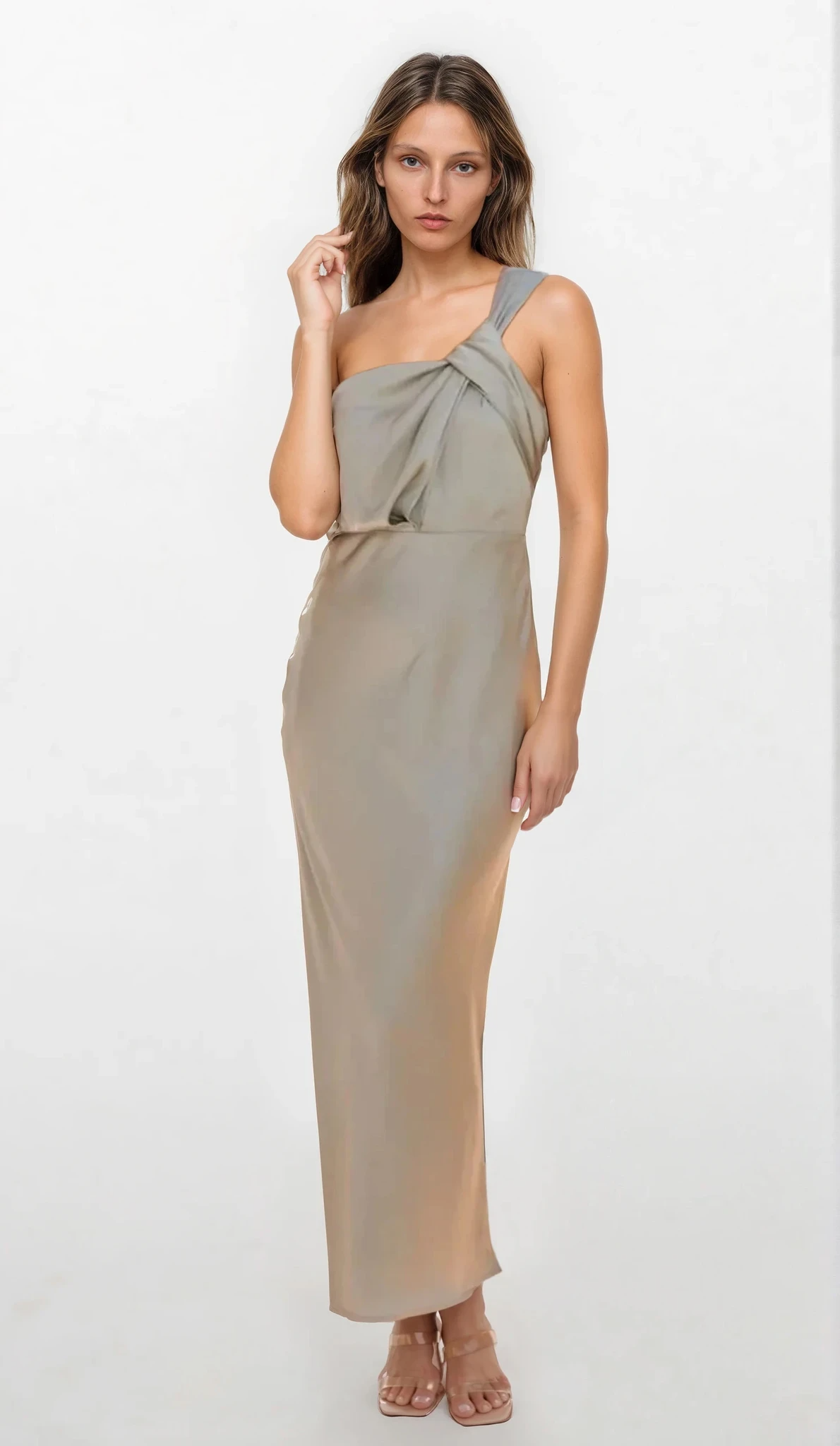 Light blue Ophelia single shoulder maxi dress by Trendsi, flowing fabric with a stylish one-shoulder design and elegant silhouette.