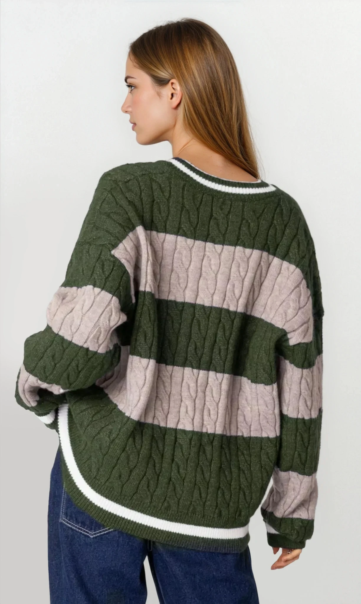 Oversized Striped Cable Knit V-Neck Sweater