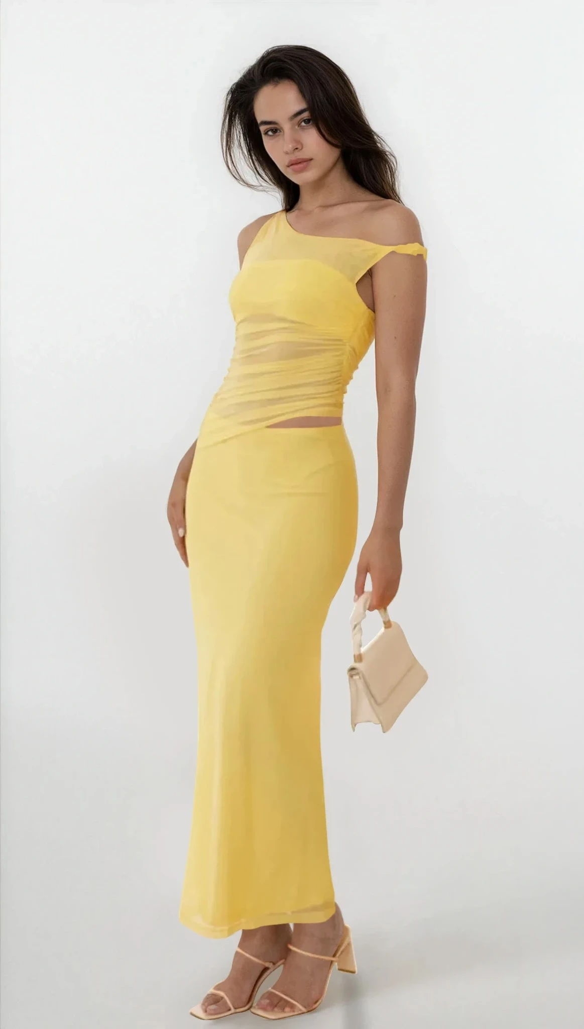 Echelon asymmetrical cutout sleeveless dress in light color, stylish clothing with unique cutout design, by Trendsi.
