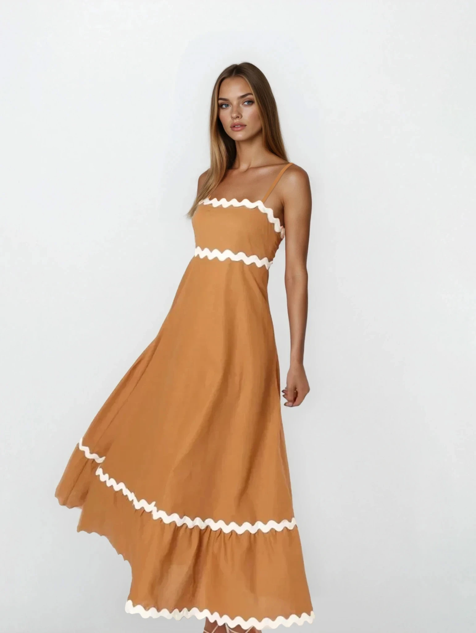 Light blue Tidal spaghetti strap maxi dress by Trendsi, flowy fabric, and fitted bodice perfect for summer wear.