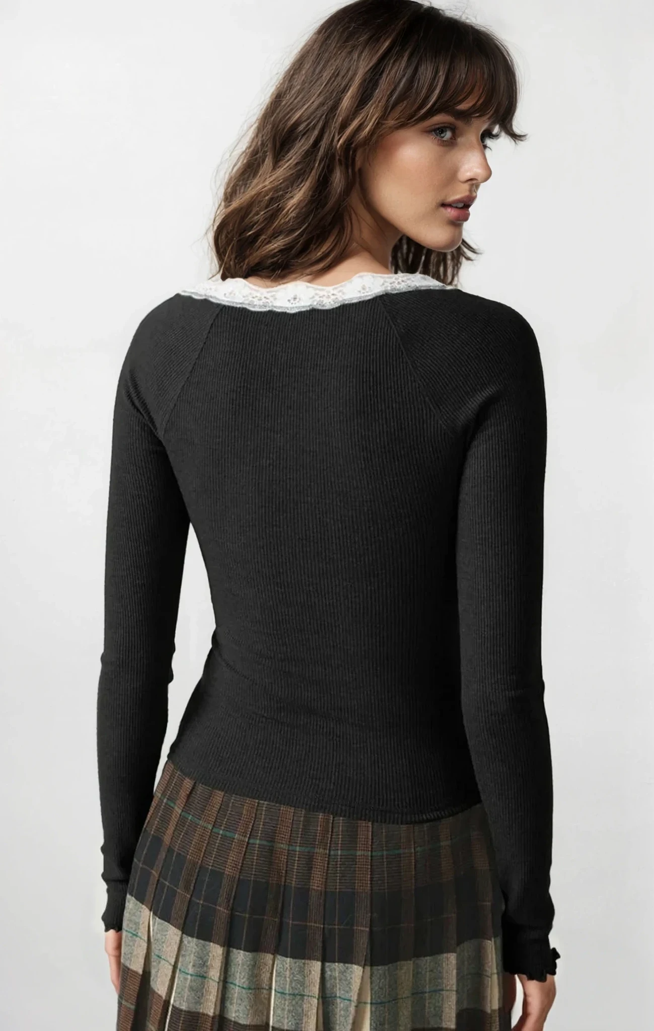 Lace Trim Scoop Neck Long Sleeve