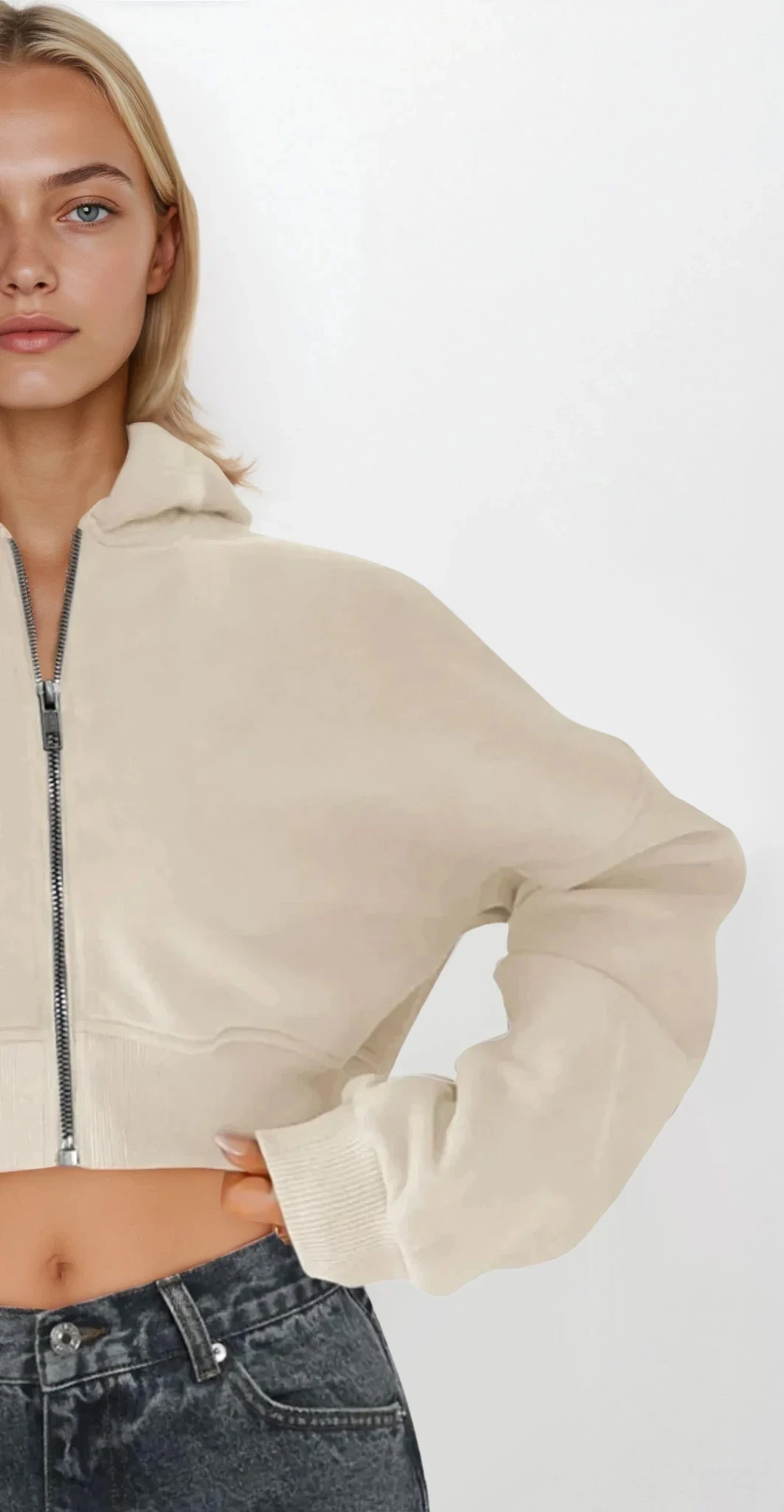 Light gray Downtown Full Zip Cropped Hoodie by Trendsi, featuring a front zipper and cropped fit, displayed on a plain background.