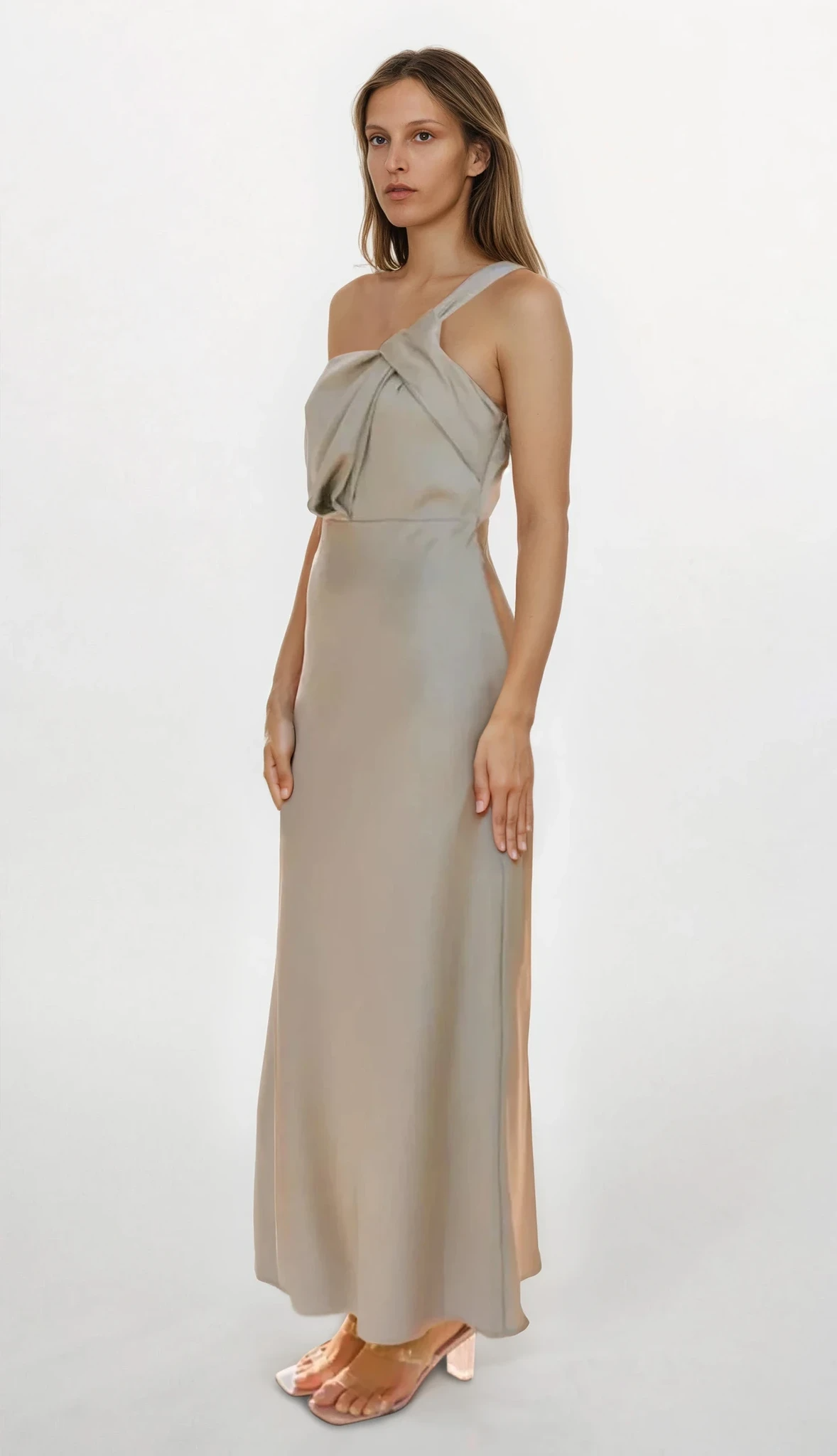 Light blue Ophelia single shoulder maxi dress by Trendsi, flowing fabric, elegant design, perfect for formal occasions.