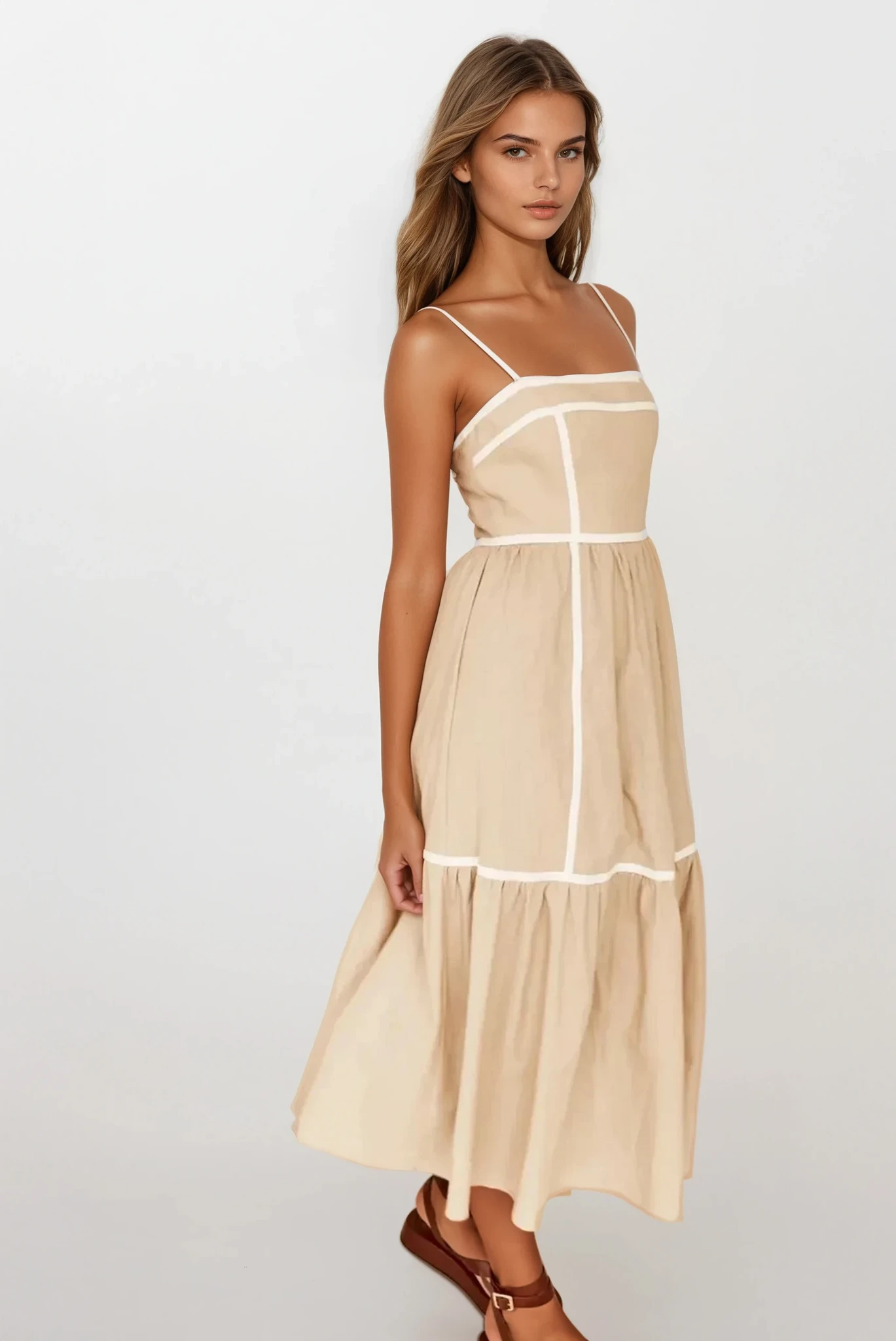 Light blue square neck ruched cami midi dress from Trendsi featuring a fitted silhouette and sleeveless design.