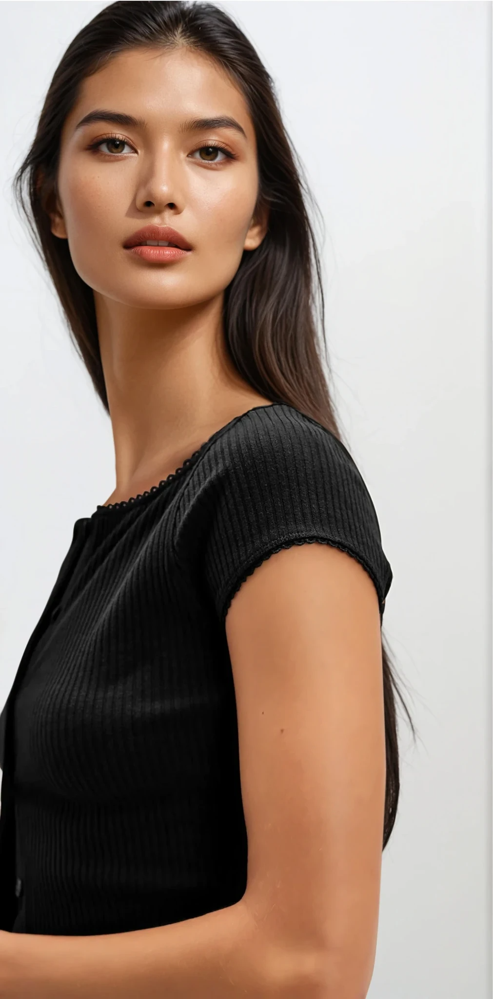 Ribbed Round Neck Button Up Short Sleeve