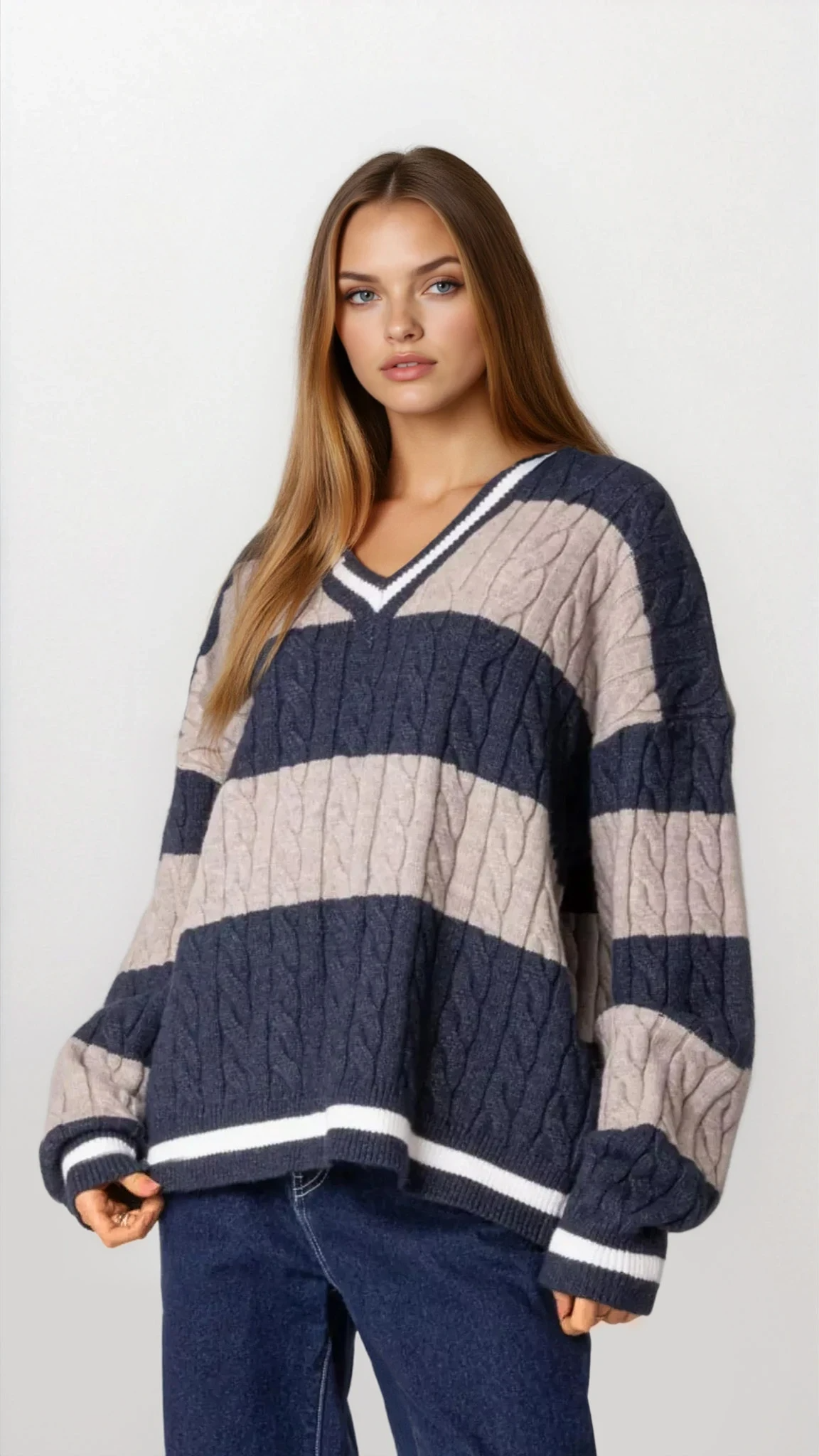Oversized Striped Cable Knit V-Neck Sweater