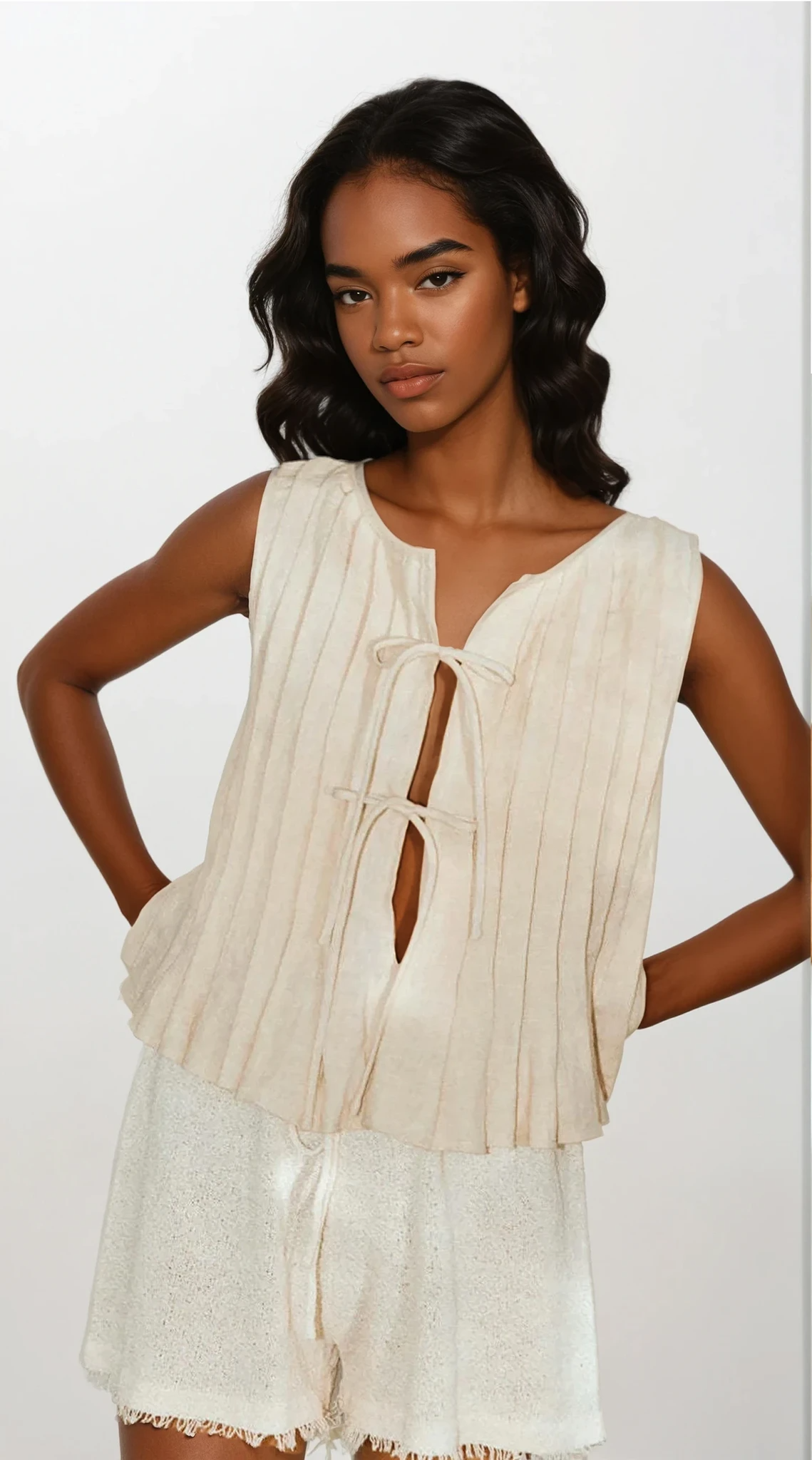 Pleated Tied Round Neck Vest