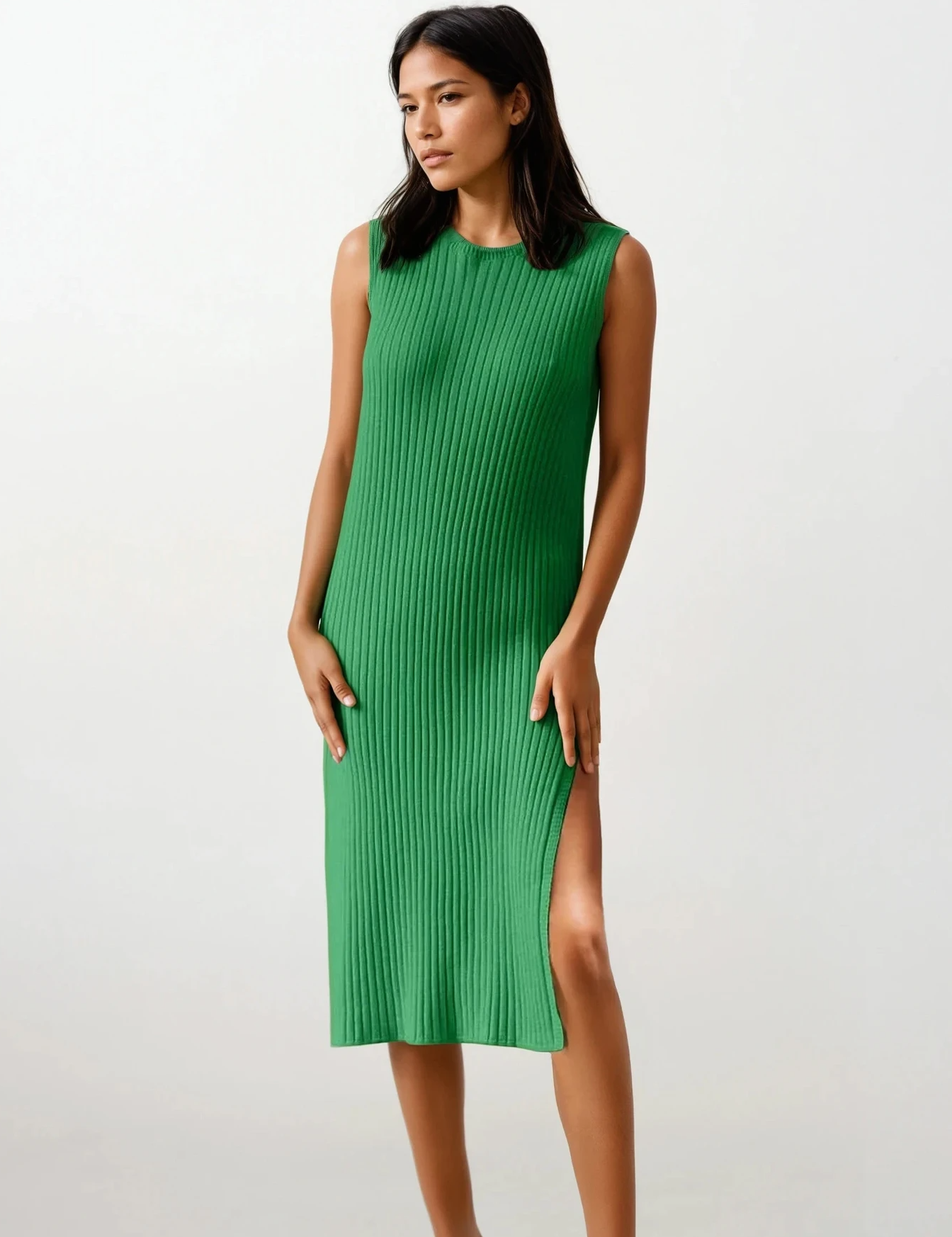 Slit Rib-Knit Sweater Sleeveless Midi Dress