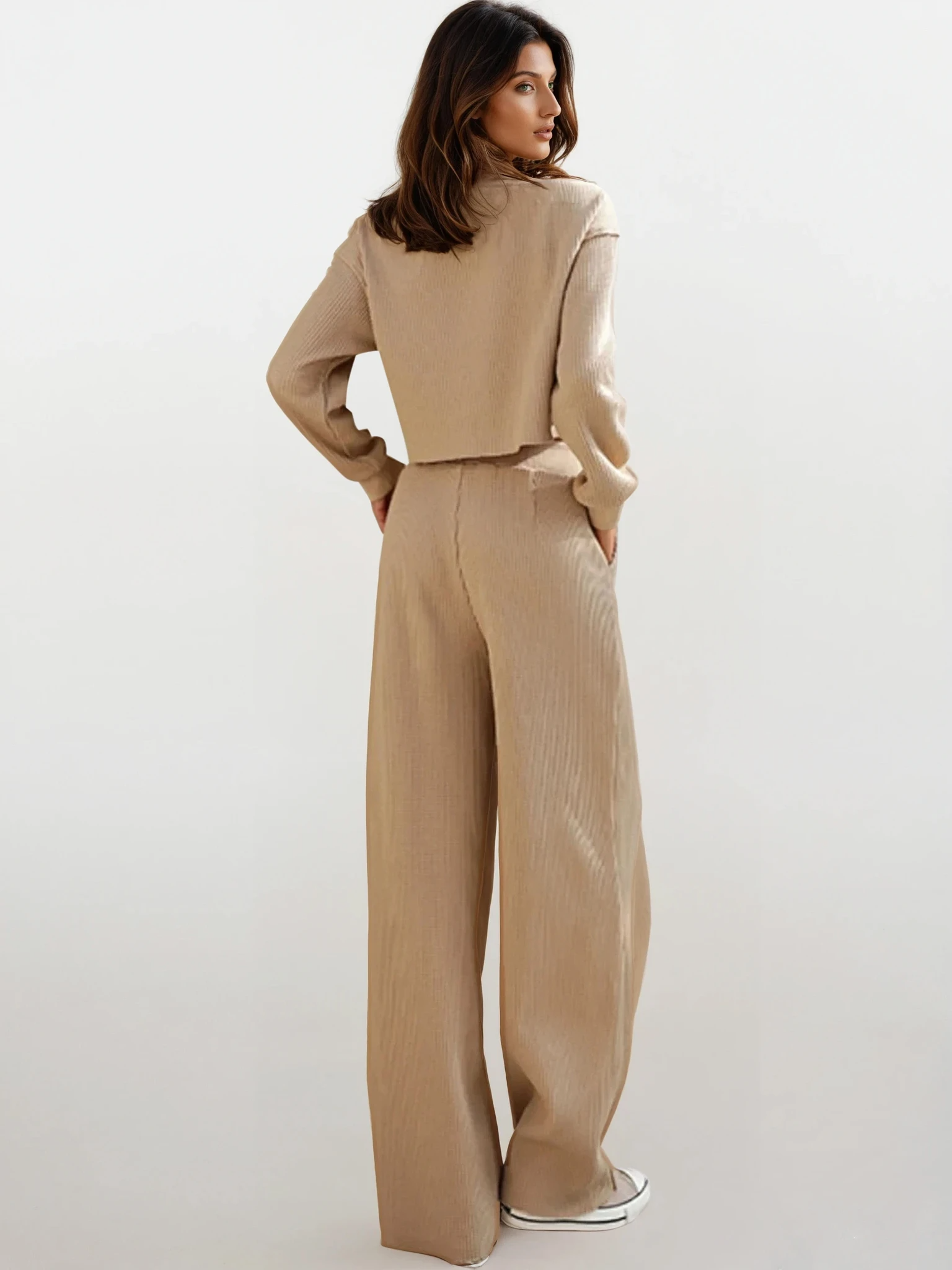 Waffle-Knit Crew Neck Top and Pant Set