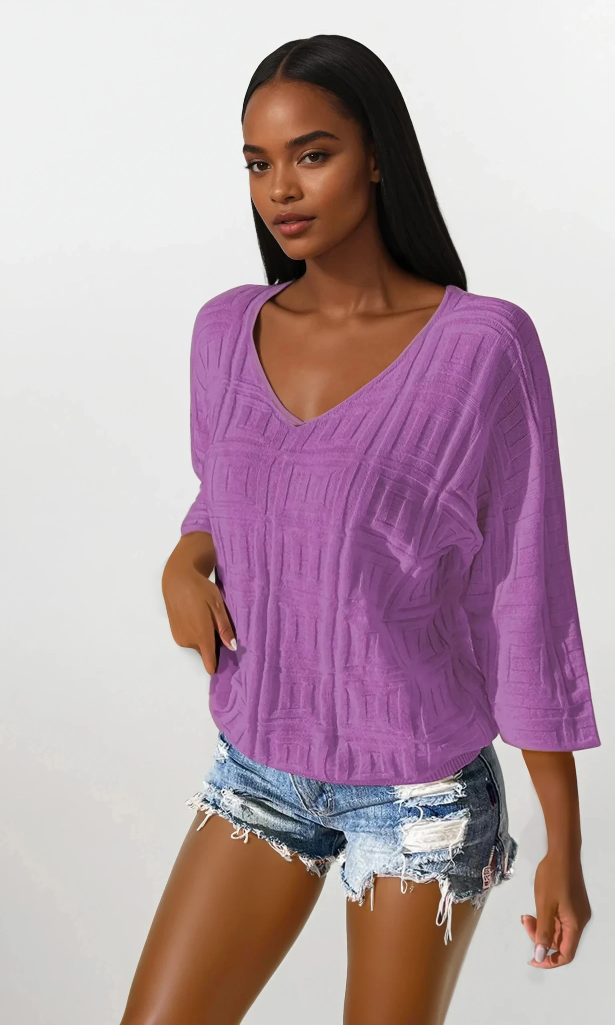 Light gray Maze V-neck three-quarter sleeve knit top by Trendsi, shown on a model, featuring a fitted style and soft fabric.