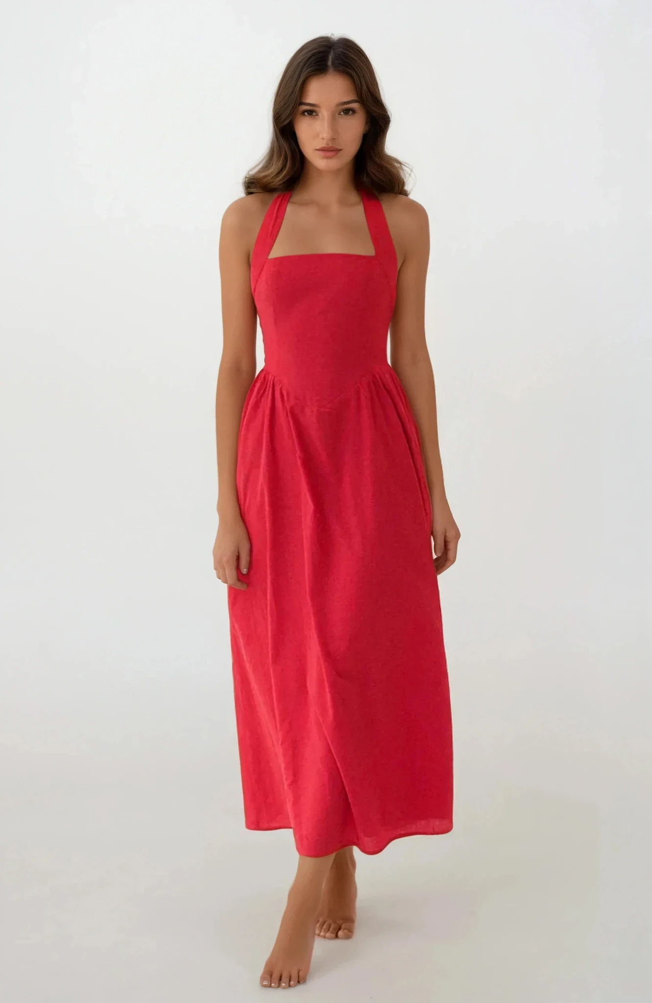 Ruched Halter Neck Midi Dress