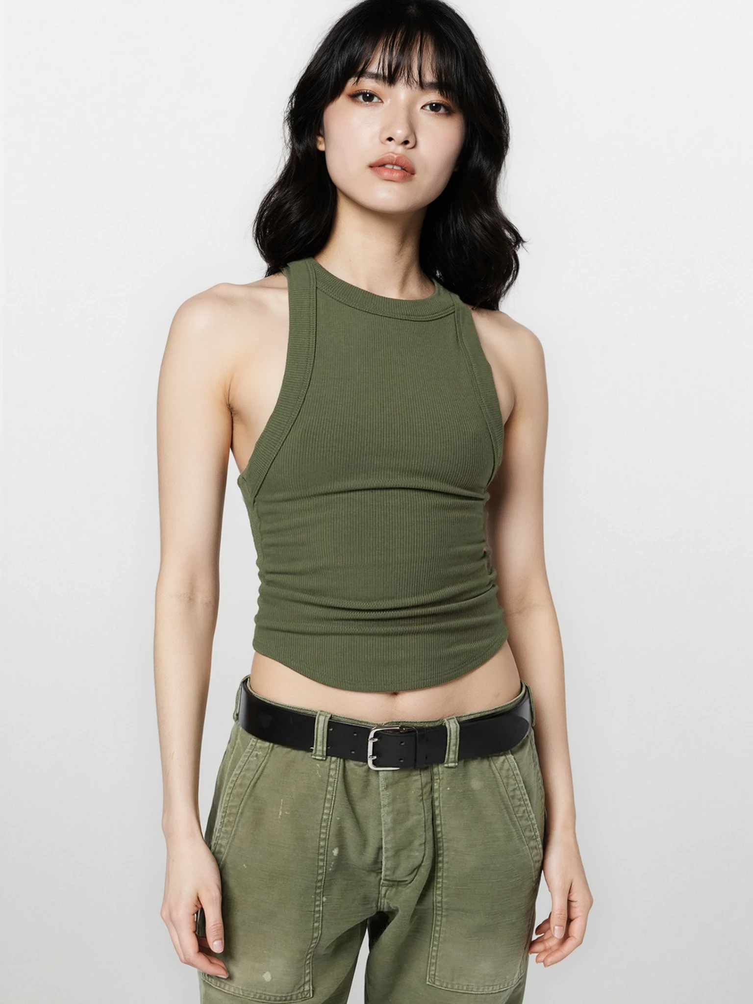 Light gray rib-knit halter neck sleeveless cropped tank top from Trendsi, featuring a fitted design and stylish sleeveless silhouette.