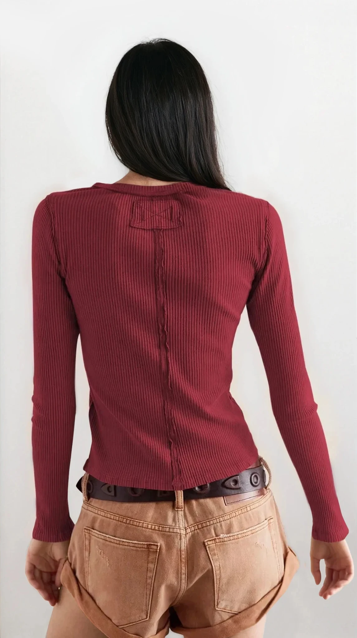 Light blue retro rib-knit long sleeve button-down shirt from Trendsi featuring a round neck and classic fit.