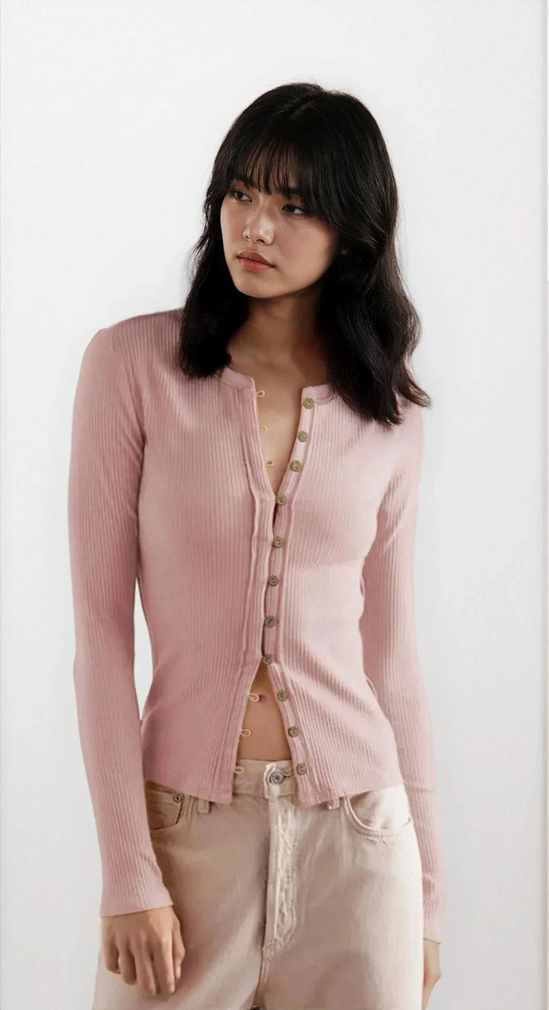 Light gray retro rib-knit round neck long sleeve button-down shirt by Trendsi, featuring a classic fit and textured knit fabric.