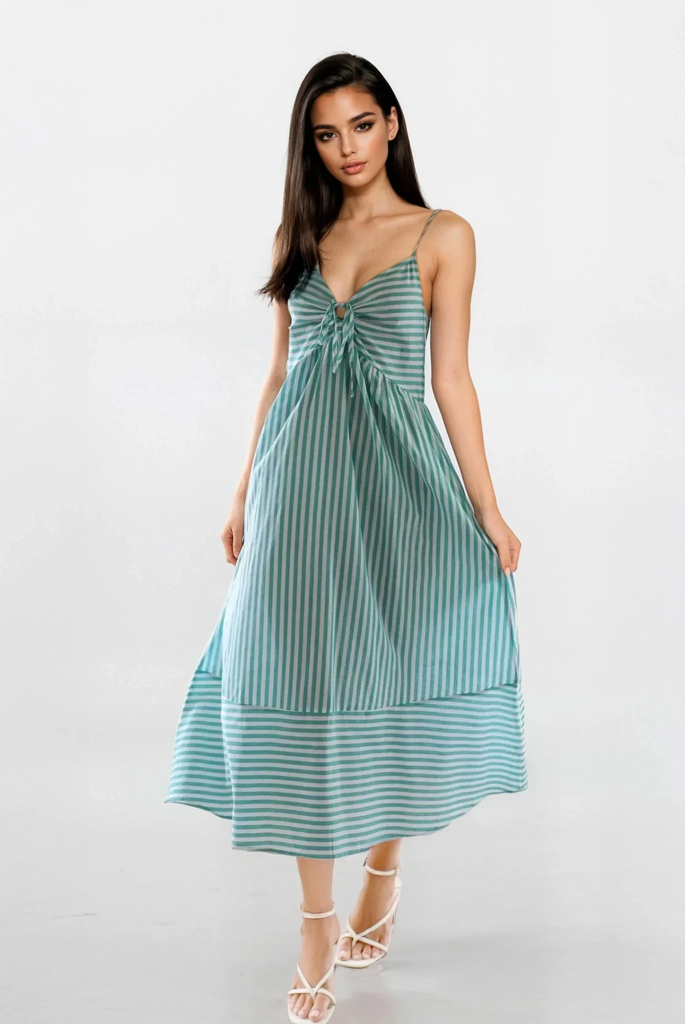 Sunset Stripe Cami Midi Dress by Trendsi, featuring a lightweight fabric with a vibrant sunset stripe pattern and adjustable straps.