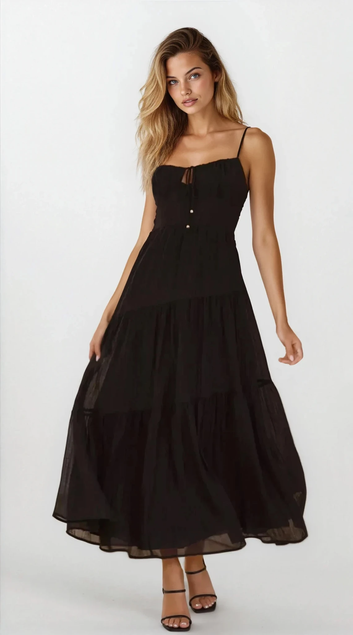 Selene Ruched Smocked Back Cami Maxi Dress in light fabric, featuring adjustable straps and a fitted bodice, perfect for warm weather.