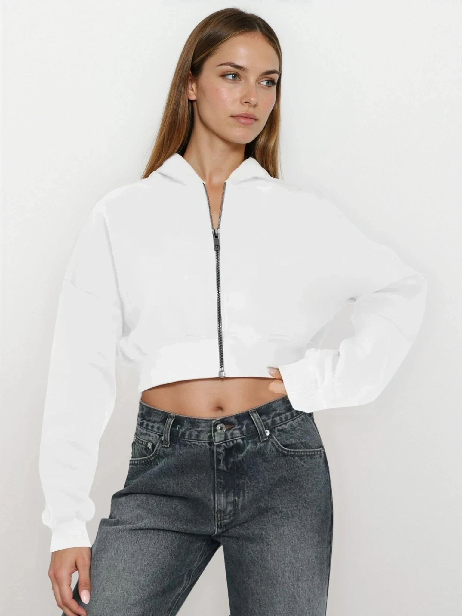 Light gray Downtown Full Zip Cropped Hoodie by Trendsi, showing front view with hood and cropped fit, casual streetwear style.