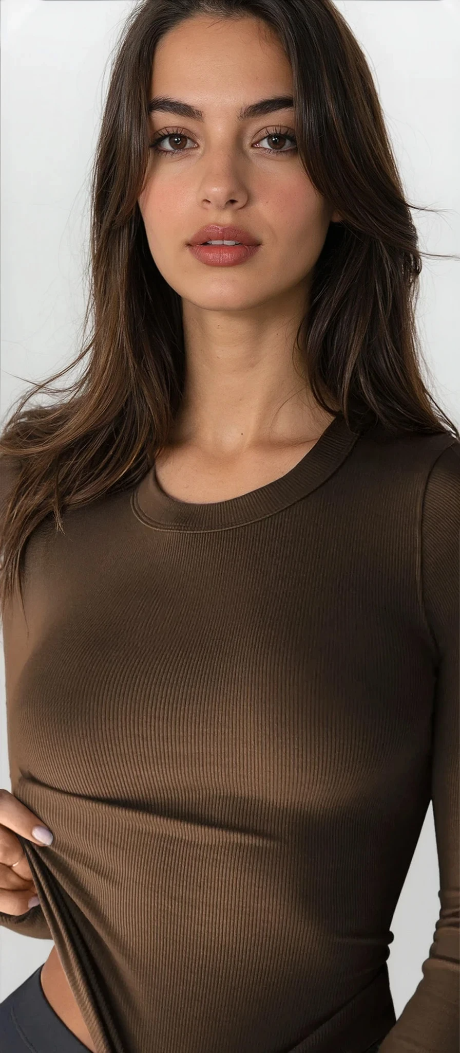 Light gray round neck long sleeve T-shirt from Trendsi, casual clothing with soft fabric and fitted design.