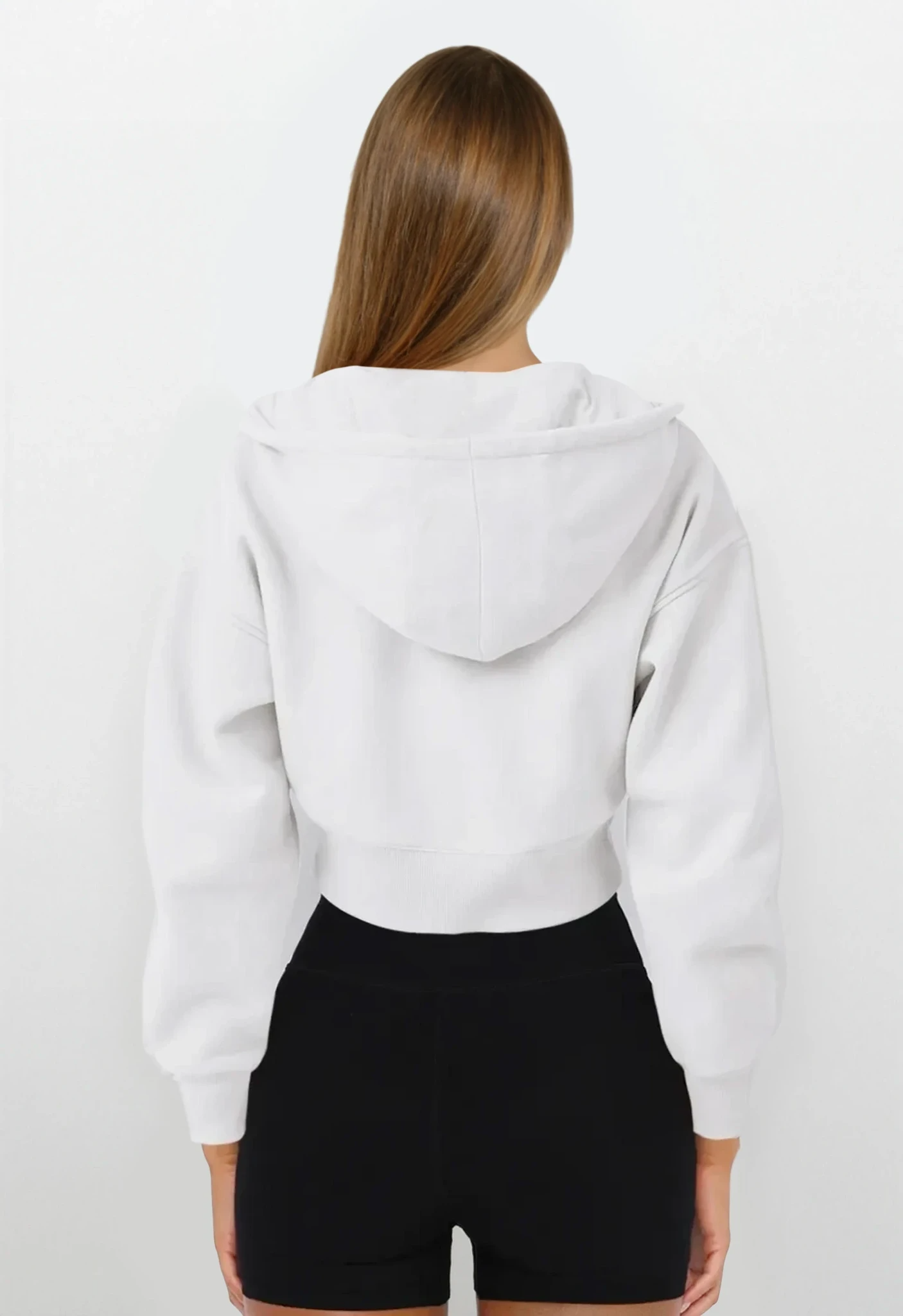 Light gray Downtown Full Zip Cropped Hoodie by Trendsi, featuring a front zipper, hood, and cropped style, displayed on a mannequin.