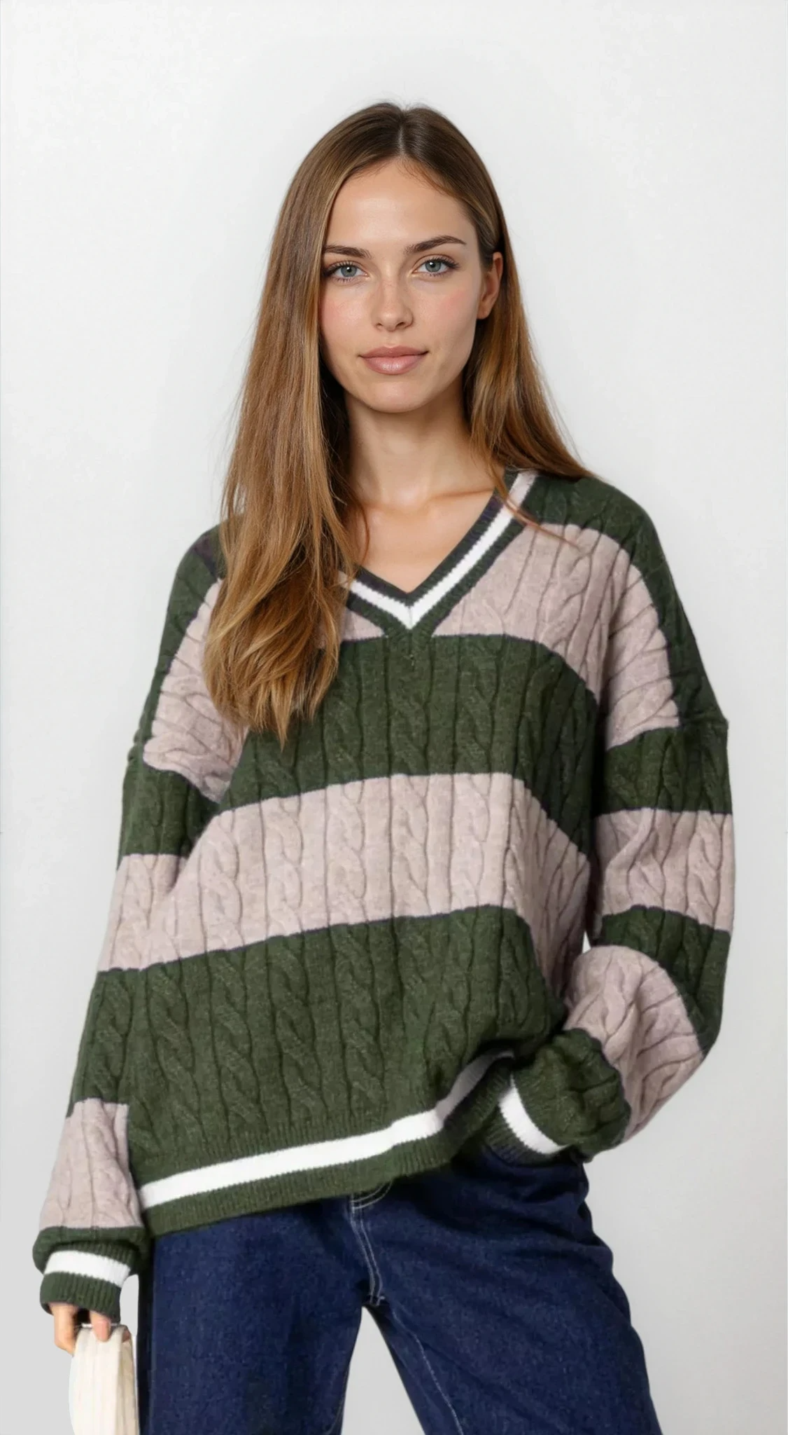 Oversized Striped Cable Knit V-Neck Sweater