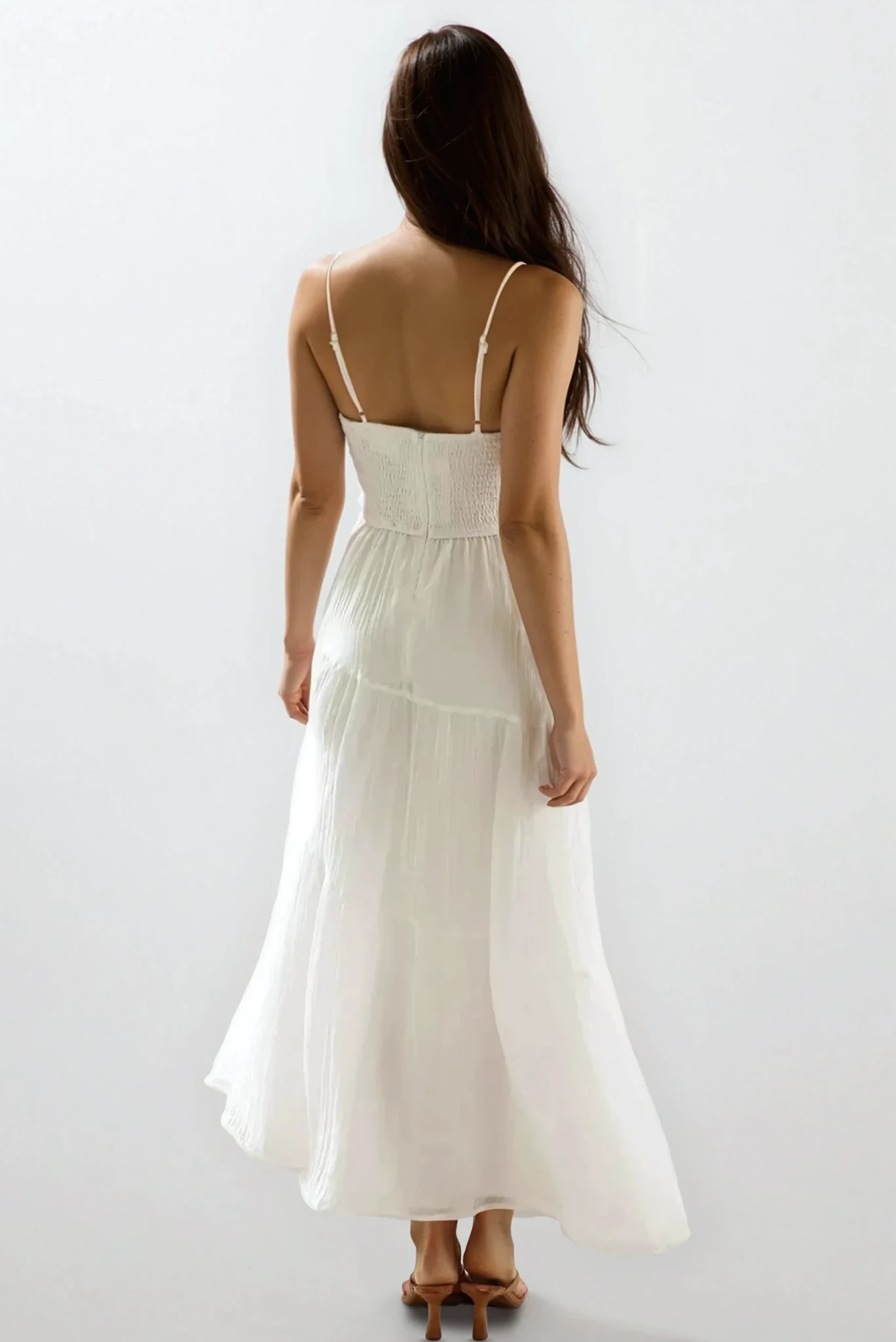 Selene Ruched Smocked Back Cami Maxi Dress in light fabric, featuring a fitted bodice and ruched design, perfect for summer wear.