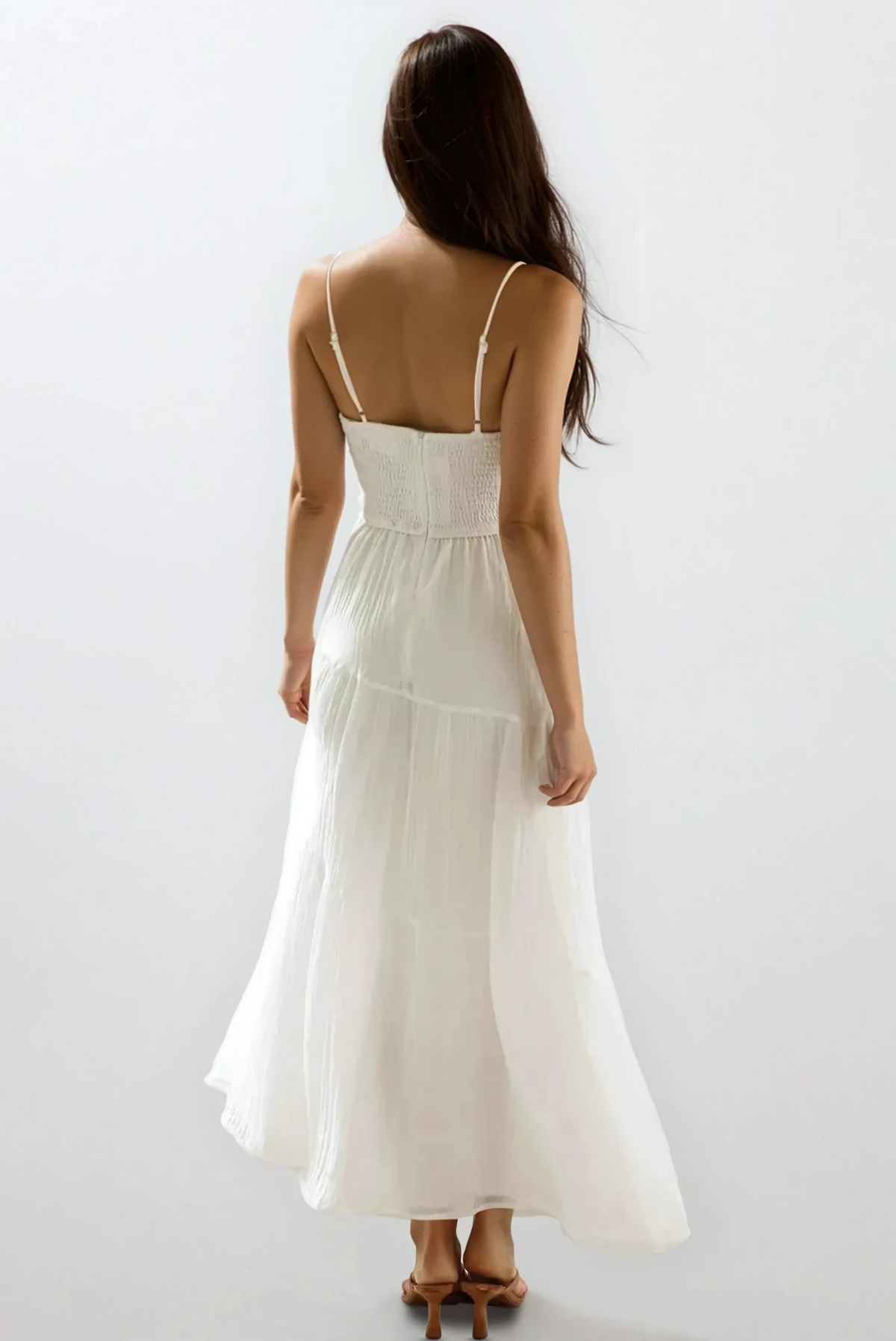 Selene Ruched Smocked Back Cami Maxi Dress in light fabric, featuring a fitted bodice and ruched design, perfect for summer wear.