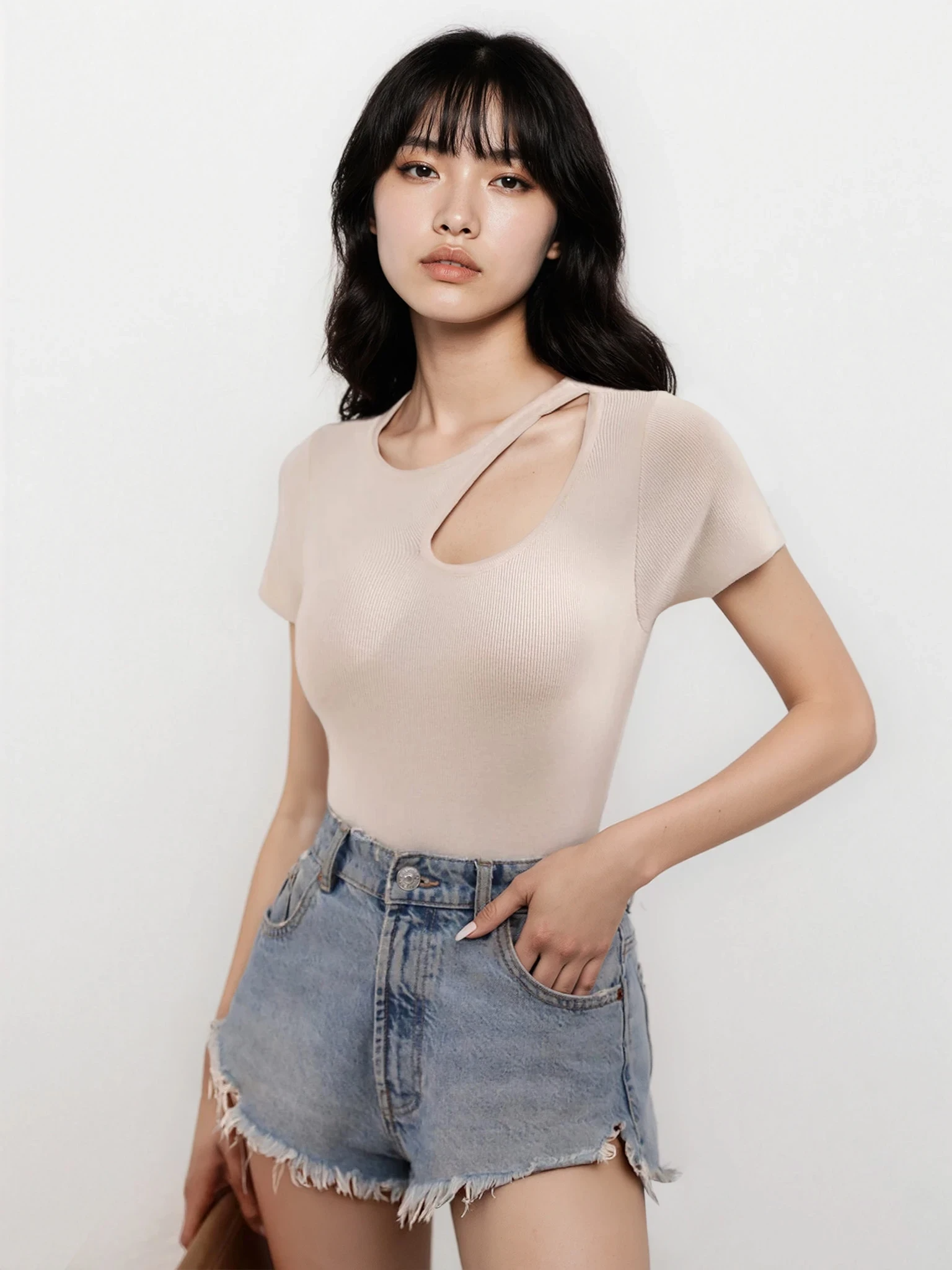 Luxe cutout round neck short sleeve knit top from Trendsi, featuring a stylish design and lightweight fabric.