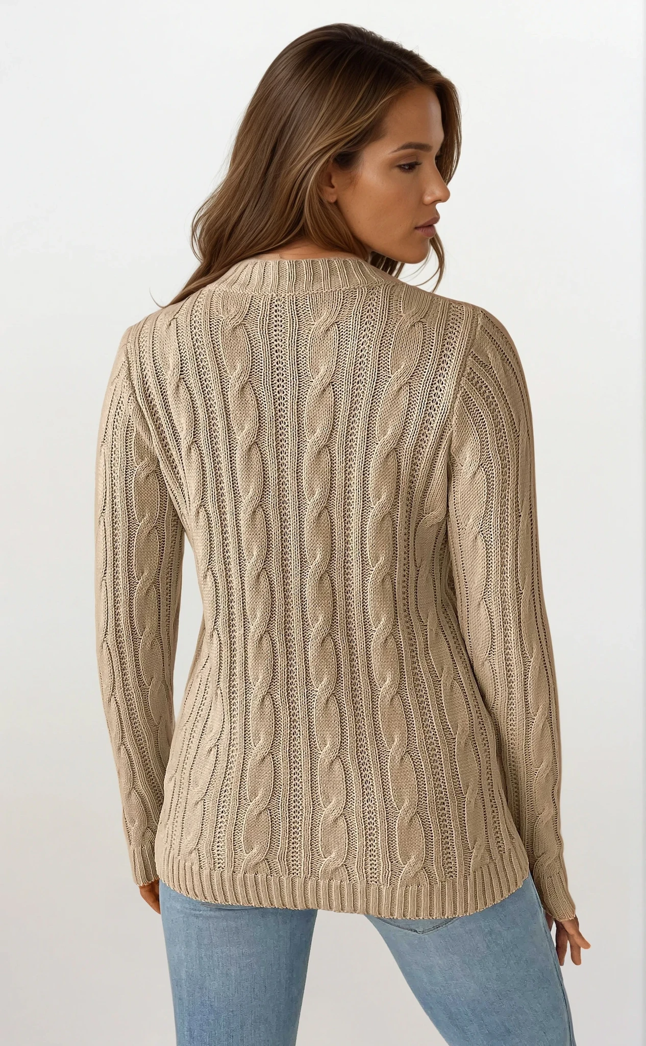 Light gray cable-knit crew neck sweater from Trendsi, featuring a classic design and textured knit pattern.