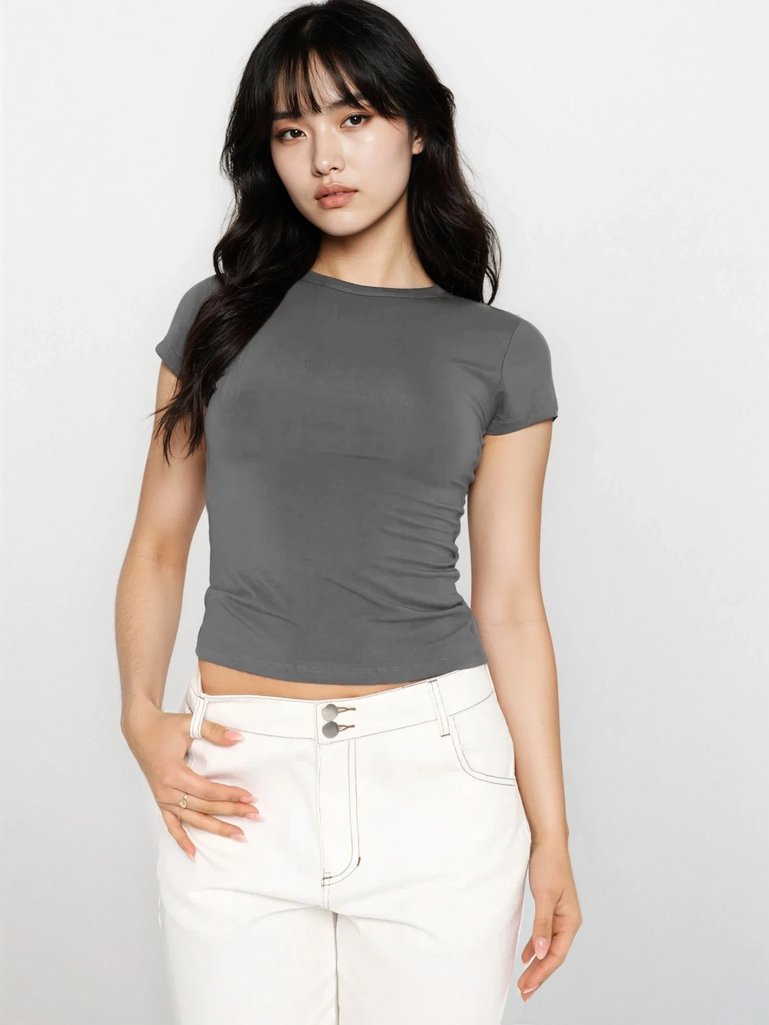 Light gray Trendsi True Crew Neck Short Sleeve shirt, casual clothing for men or women, displayed flat on a white background.