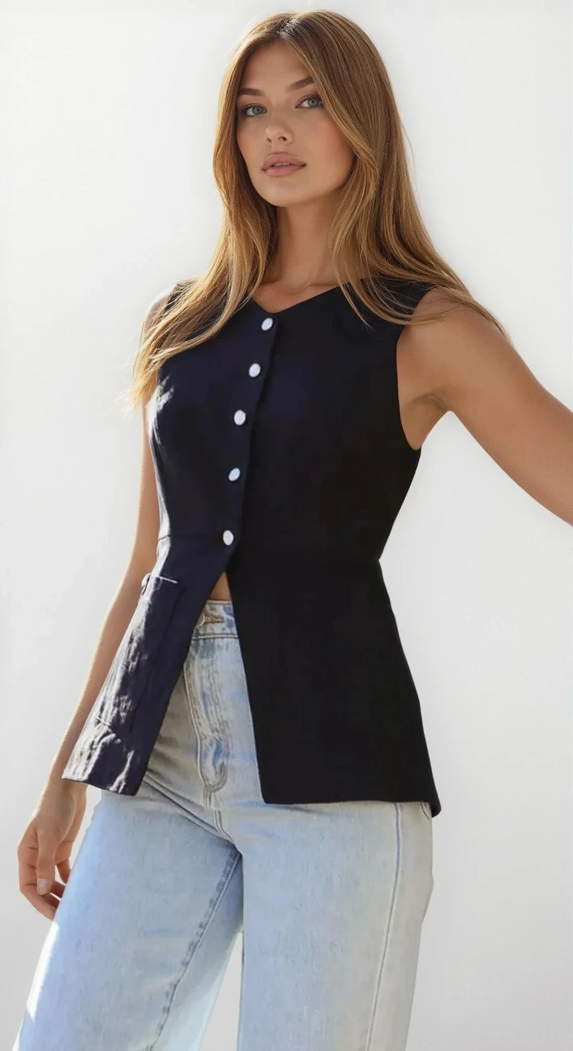 Light blue Trace Button Down V-Neck Vest from Trendsi, casual clothing with a button-front and V-neck design.