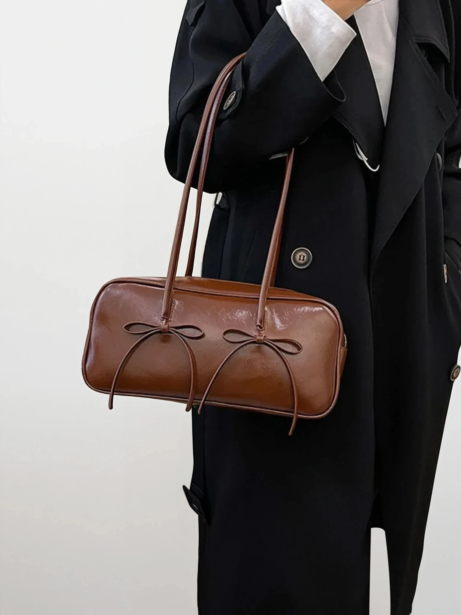 Leather Bow Trim Shoulder Bag