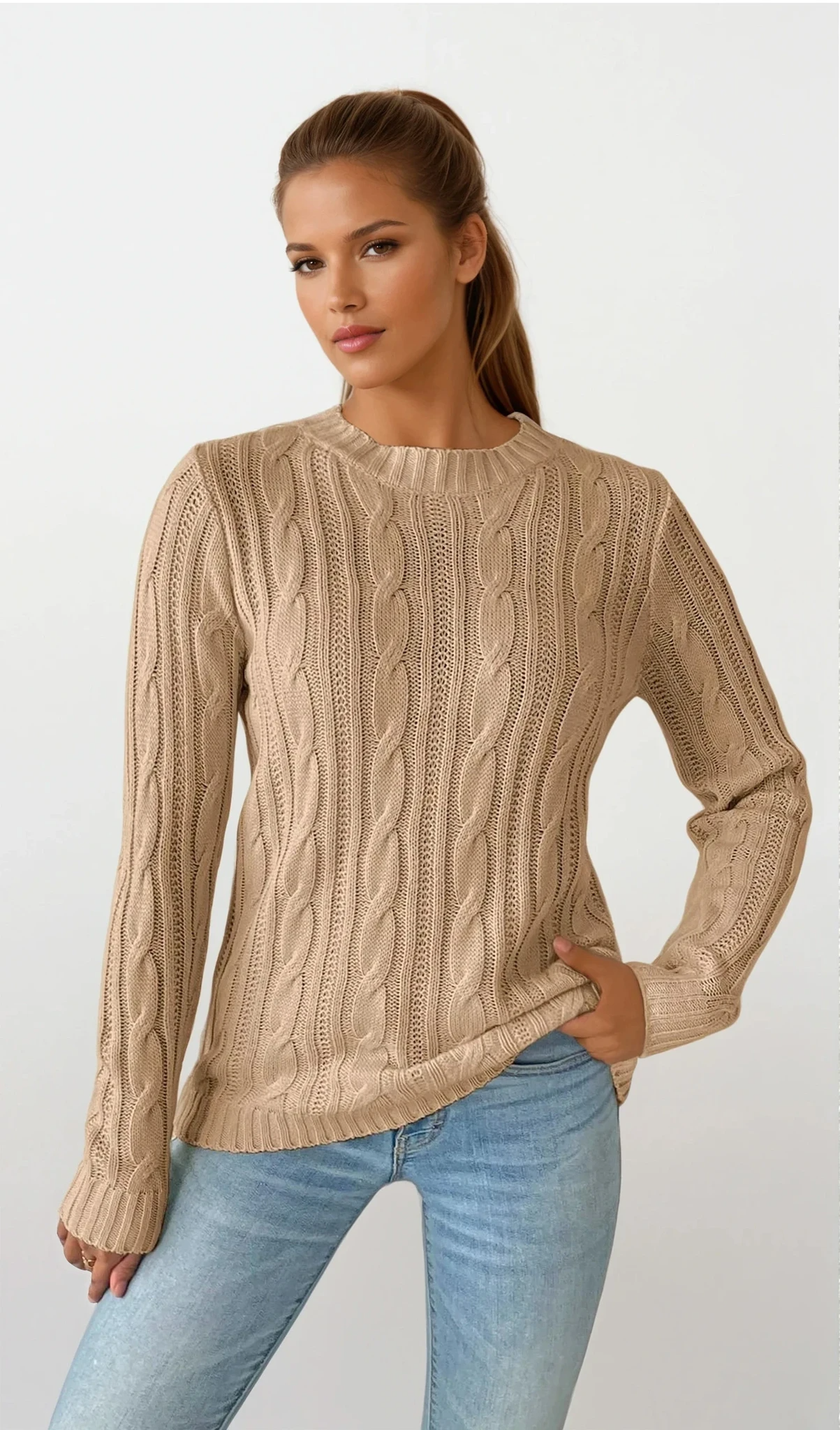 Clear cable-knit crew neck sweater by Trendsi, showcasing its lightweight, textured knit design and classic fit in a close-up view.