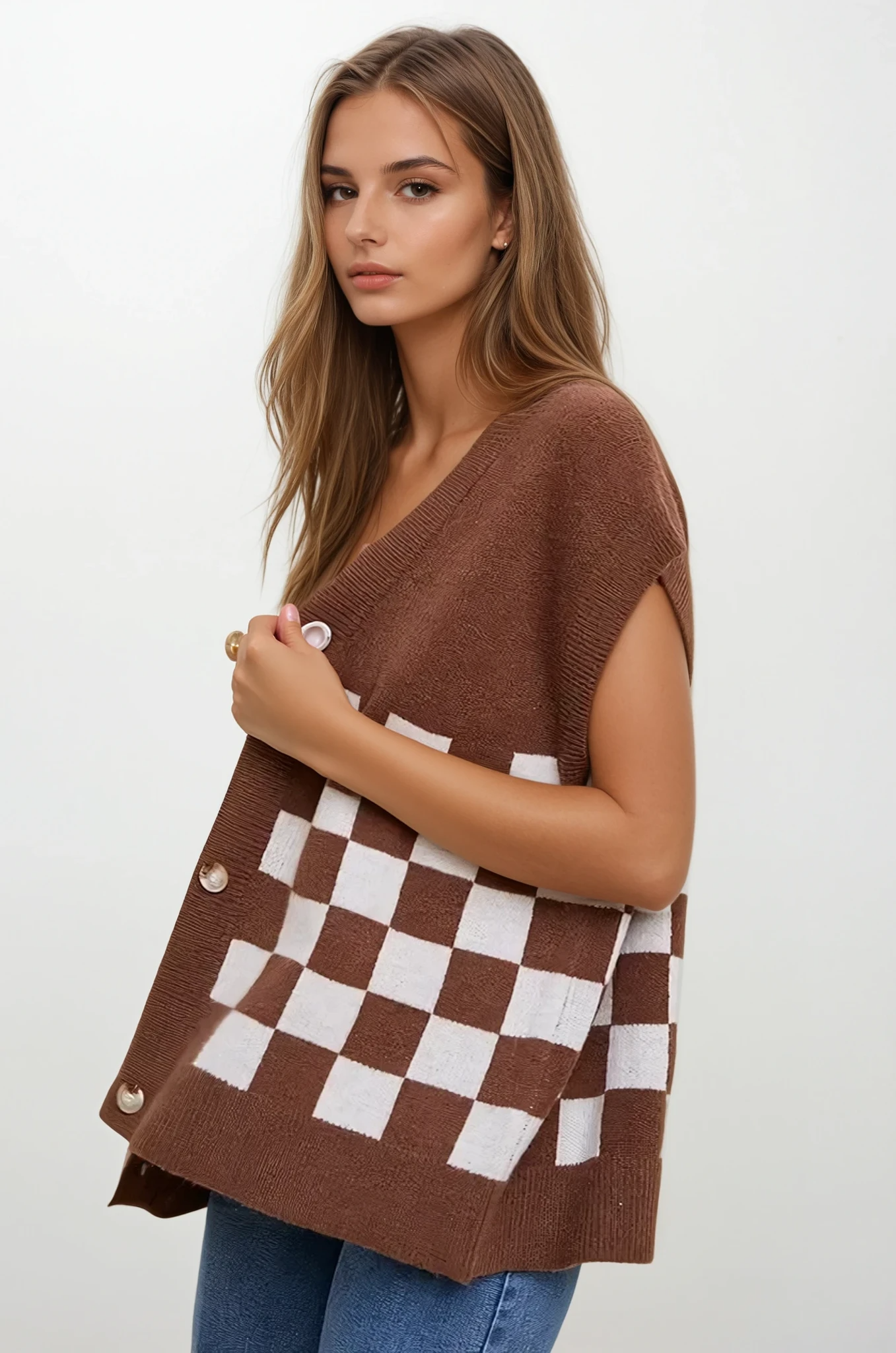 Checkered Button Down Short Sleeve Cardigan