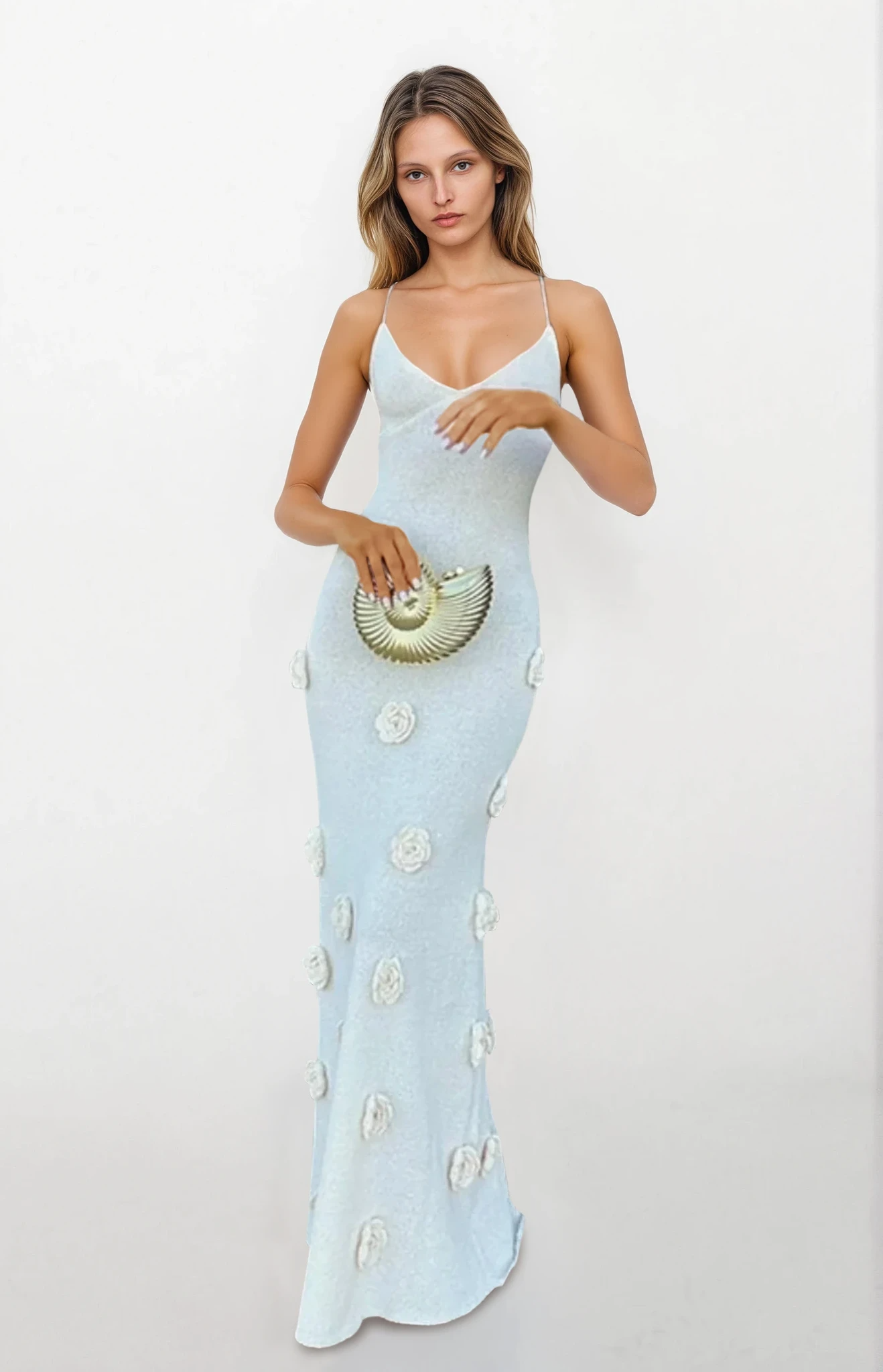 Light blue Petal Maxi Knit Cami Dress by Trendsi featuring a flowy, sleeveless design and soft knit fabric.
