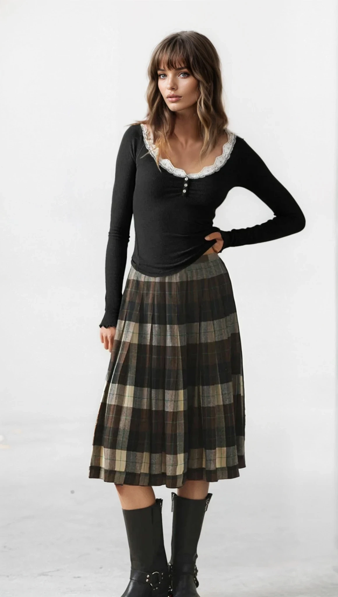 Lace Trim Scoop Neck Long Sleeve