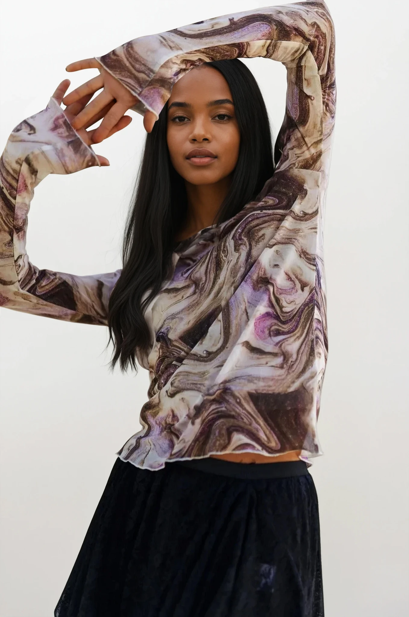 Marble Long Sleeve Mesh Top