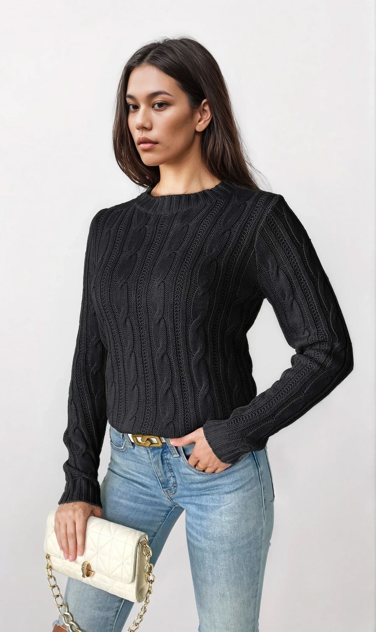 Light gray clear cable-knit crew neck sweater from Trendsi, featuring a soft, textured knit fabric and classic fit.