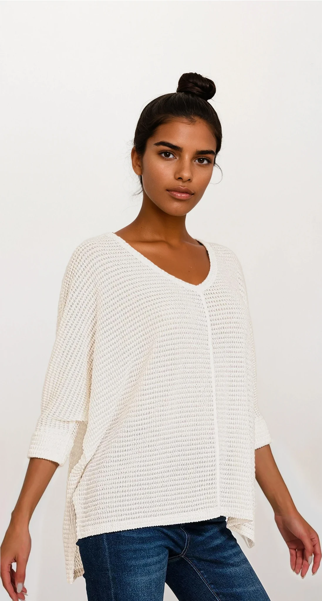 Cozy V-Neck Waffle-Knit Long Sleeve Top