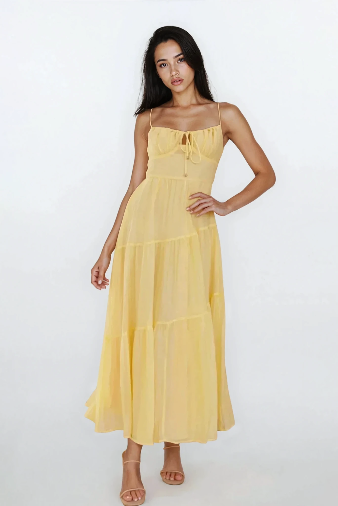 Selene Ruched Smocked Back Cami Maxi Dress by Trendsi, light-colored sleeveless dress with ruched details and smocked back.