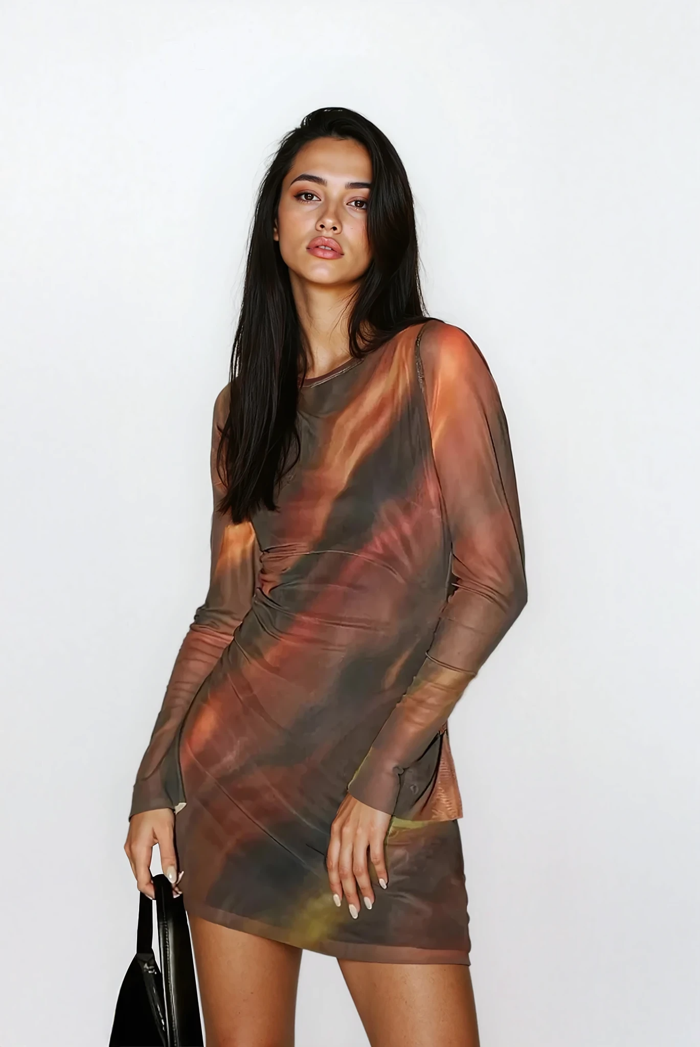Volcanic bodycon long sleeve mini dress by Trendsi, fitted silhouette, lightweight fabric, and stylish design in light color.