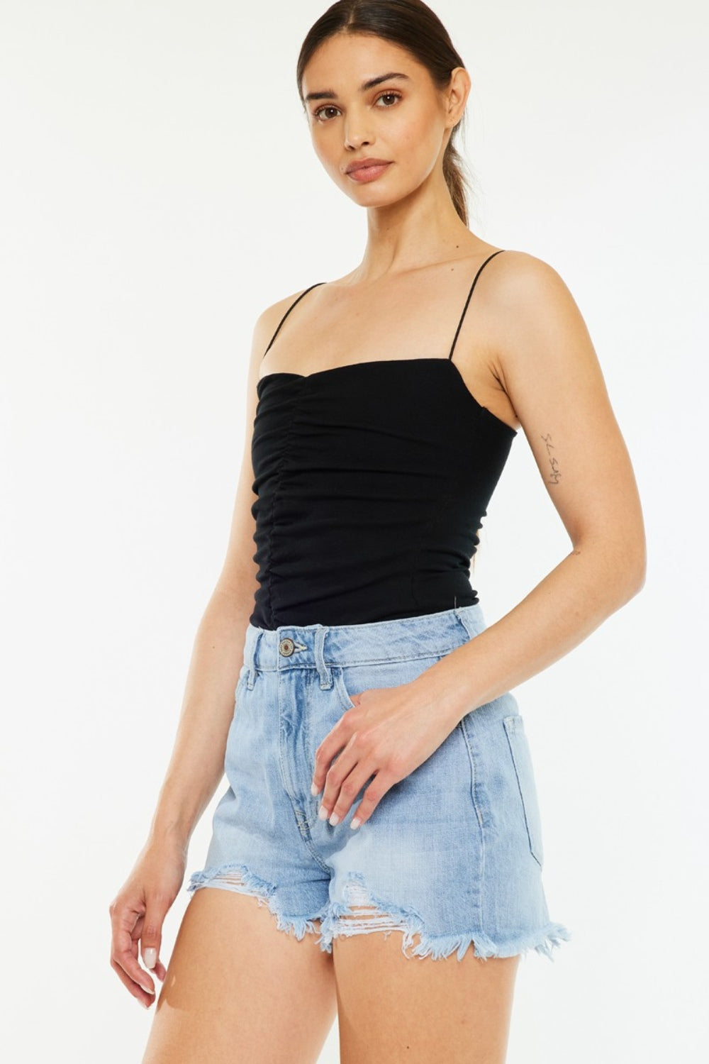 Trendsi Signature high-waist raw hem vintage denim shorts with distressed detailing and classic denim blue color.