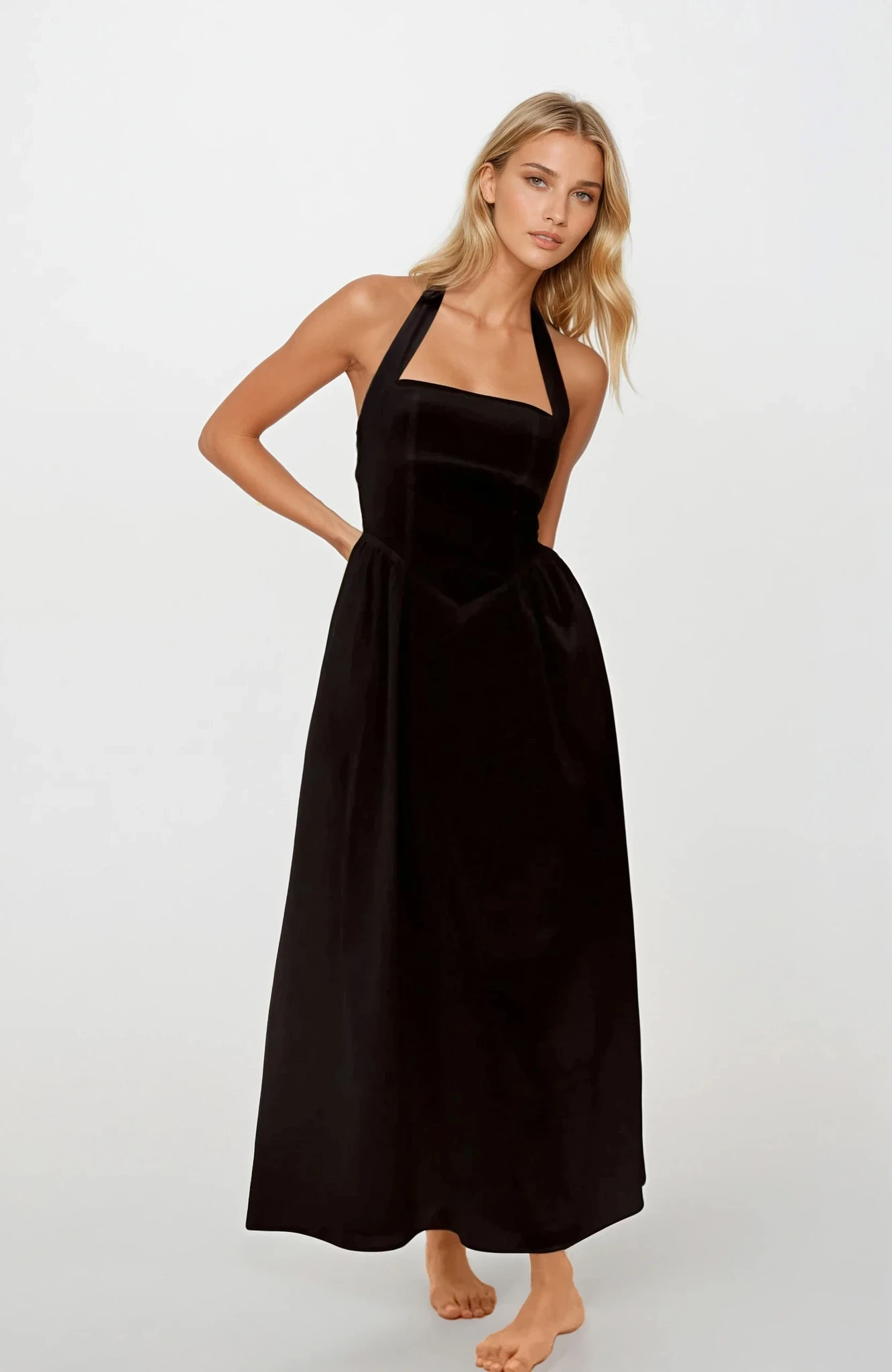 Ruched Halter Neck Midi Dress