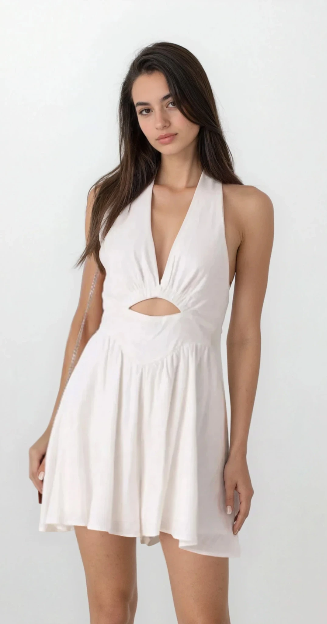 Light blue Lumina cutout halter neck mini dress from Trendsi, featuring a stylish halter design and mini length.