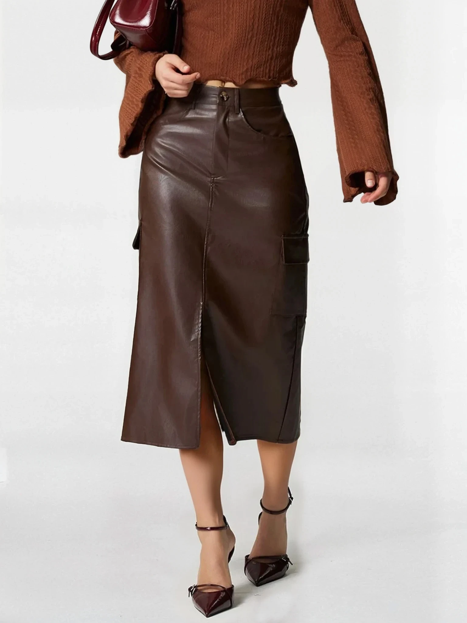 Faux Leather High-Waist Cargo Slit Midi Skirt