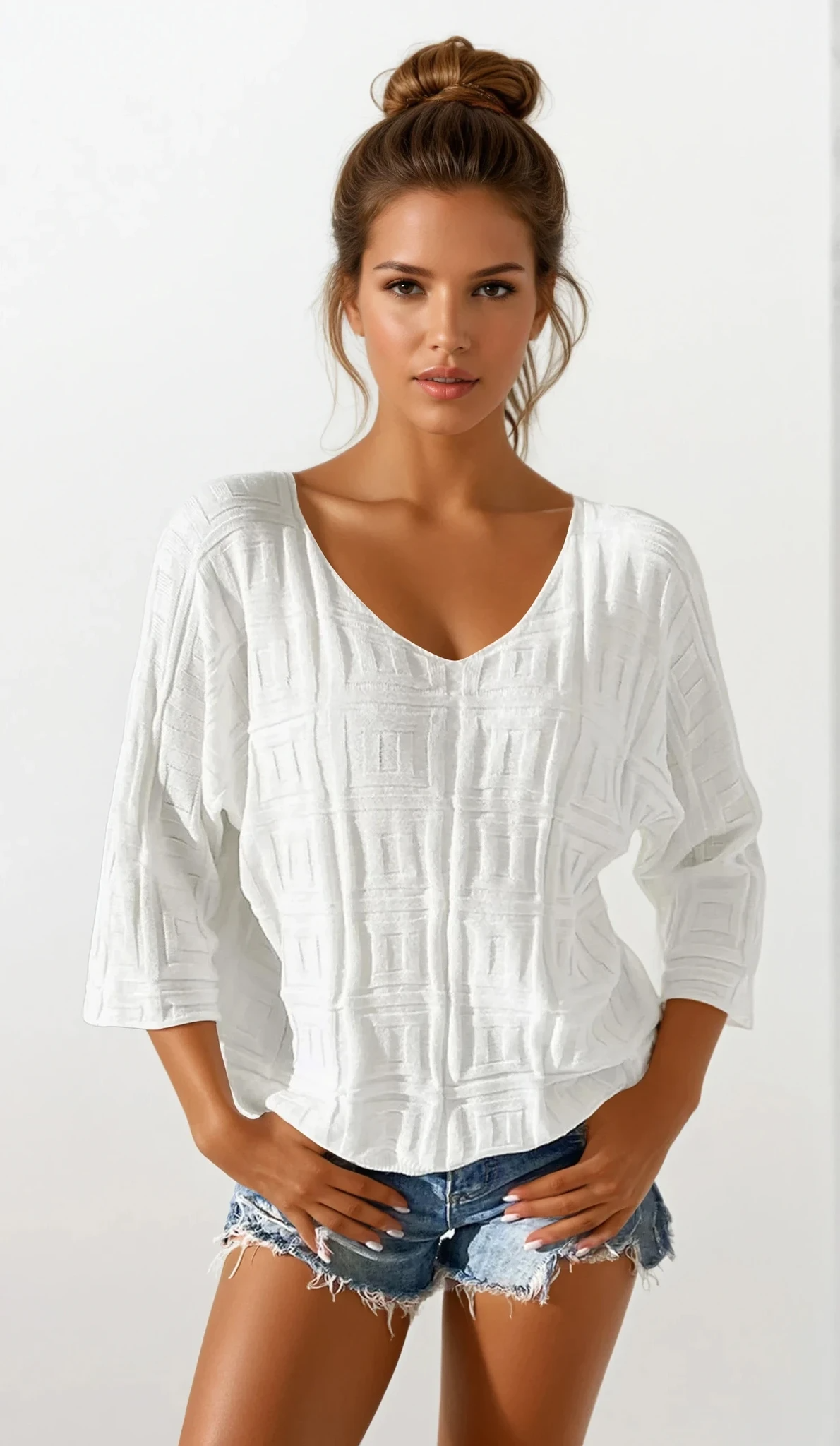 Light gray Maze V-Neck three-quarter sleeve knit top by Trendsi, shown on a model with a relaxed fit and stylish design.