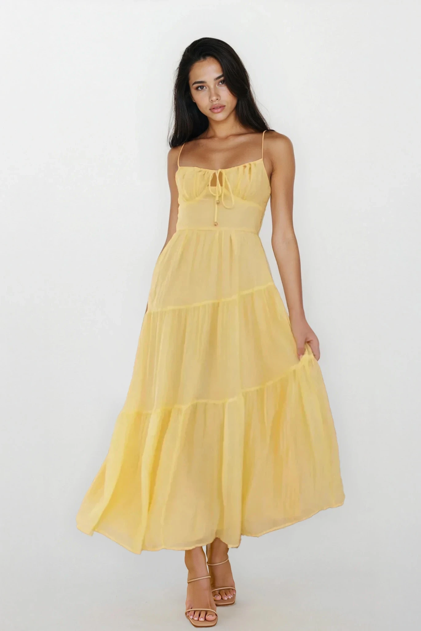 Selene Ruched Smocked Back Cami Maxi Dress with adjustable straps, fitted bodice, and flowing skirt from Trendsi.