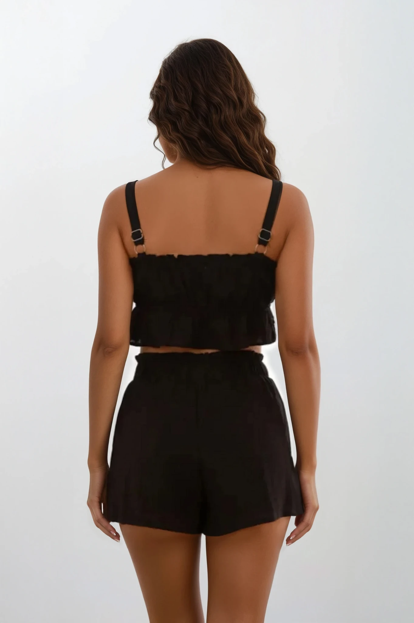 Light blue Ines Ruffle Square Neck Cami and matching shorts from Trendsi, featuring ruffle details and a stylish square neckline.